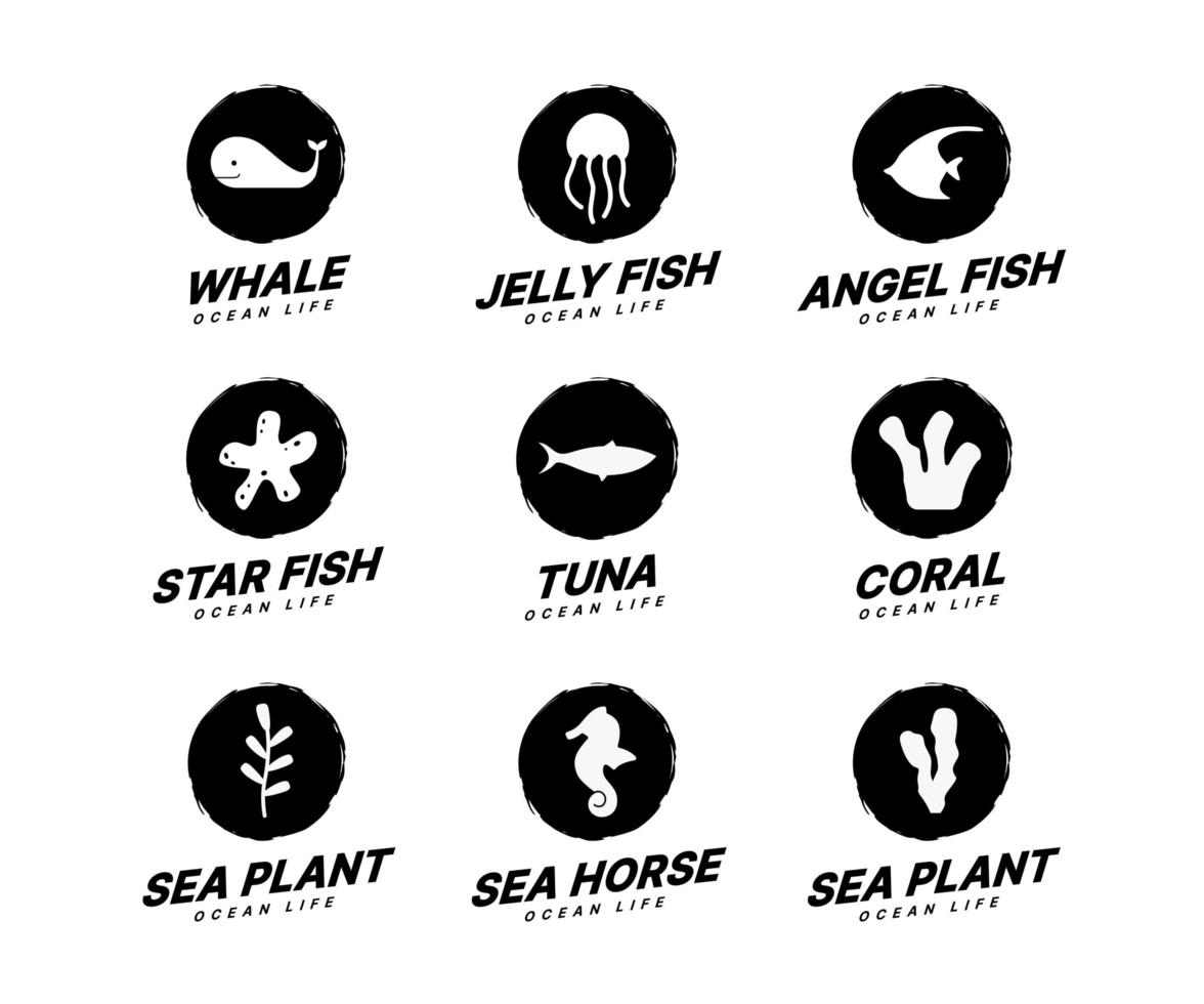 conjunto de iconos de vida marina y plantas acuáticas, símbolo de animales marinos aislado sobre fondo blanco. ilustraciones vectoriales vector