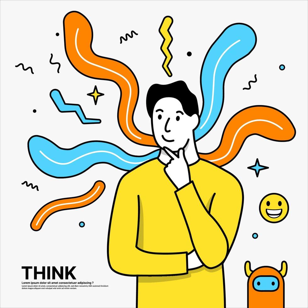 Man thinking with creativity doodle background, Problem solving concept, thinking, imagination, motivation, inspiration vector