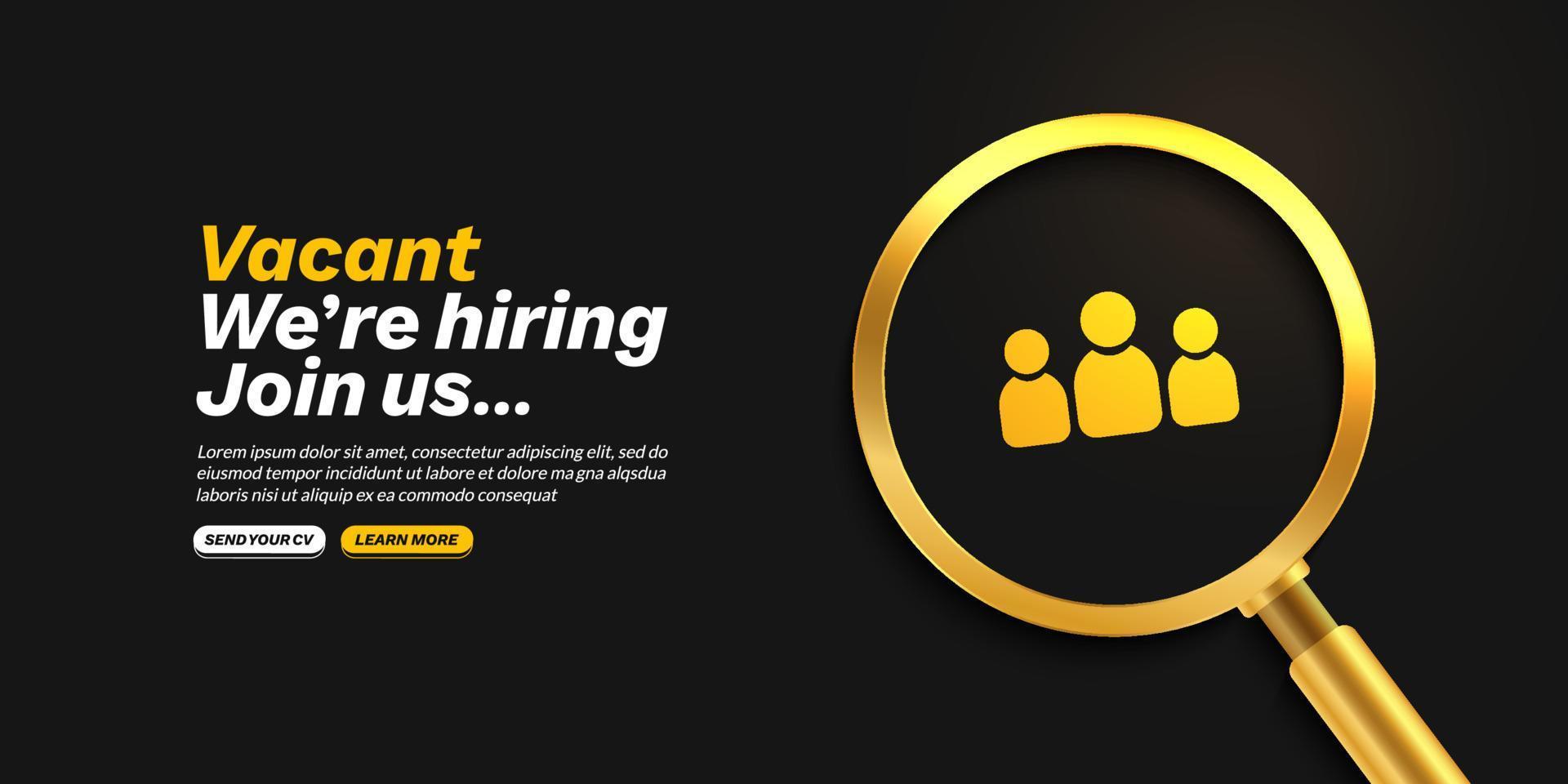 We are hiring background with realistic golden magnifying glass, Job vacancy business recruitment concept vector