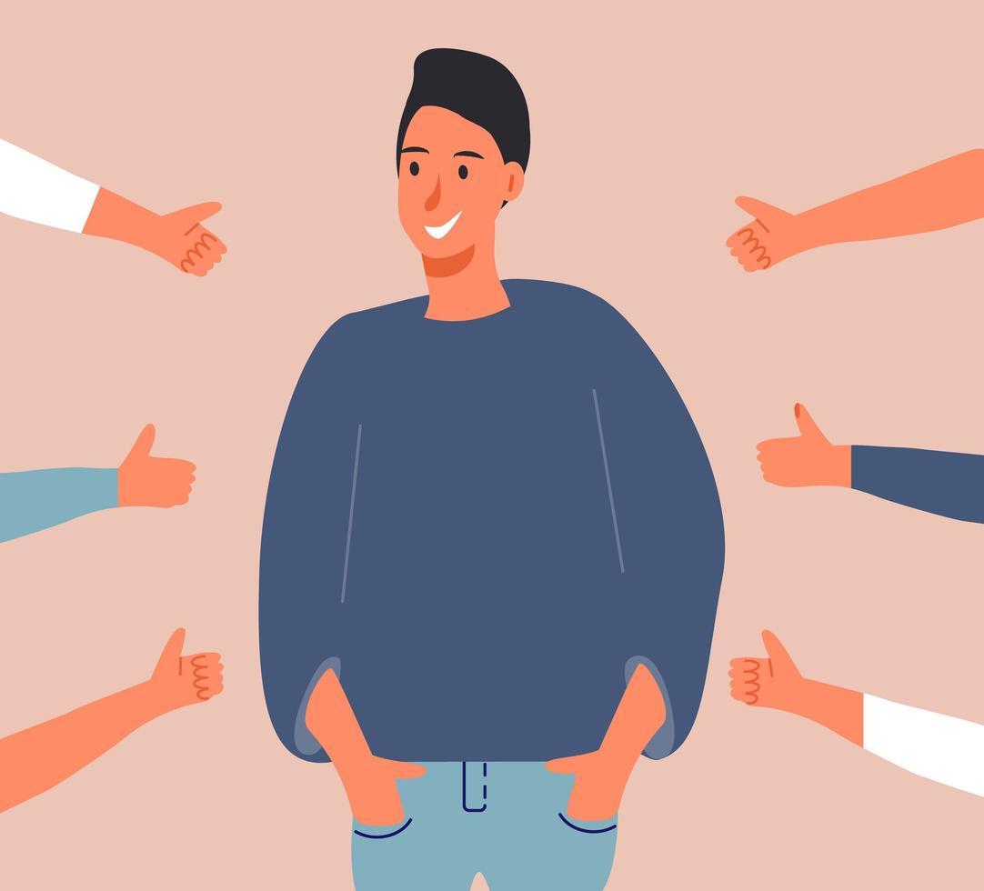 Happy young man is standing and he is surrounded by hands with thumbs up. vector