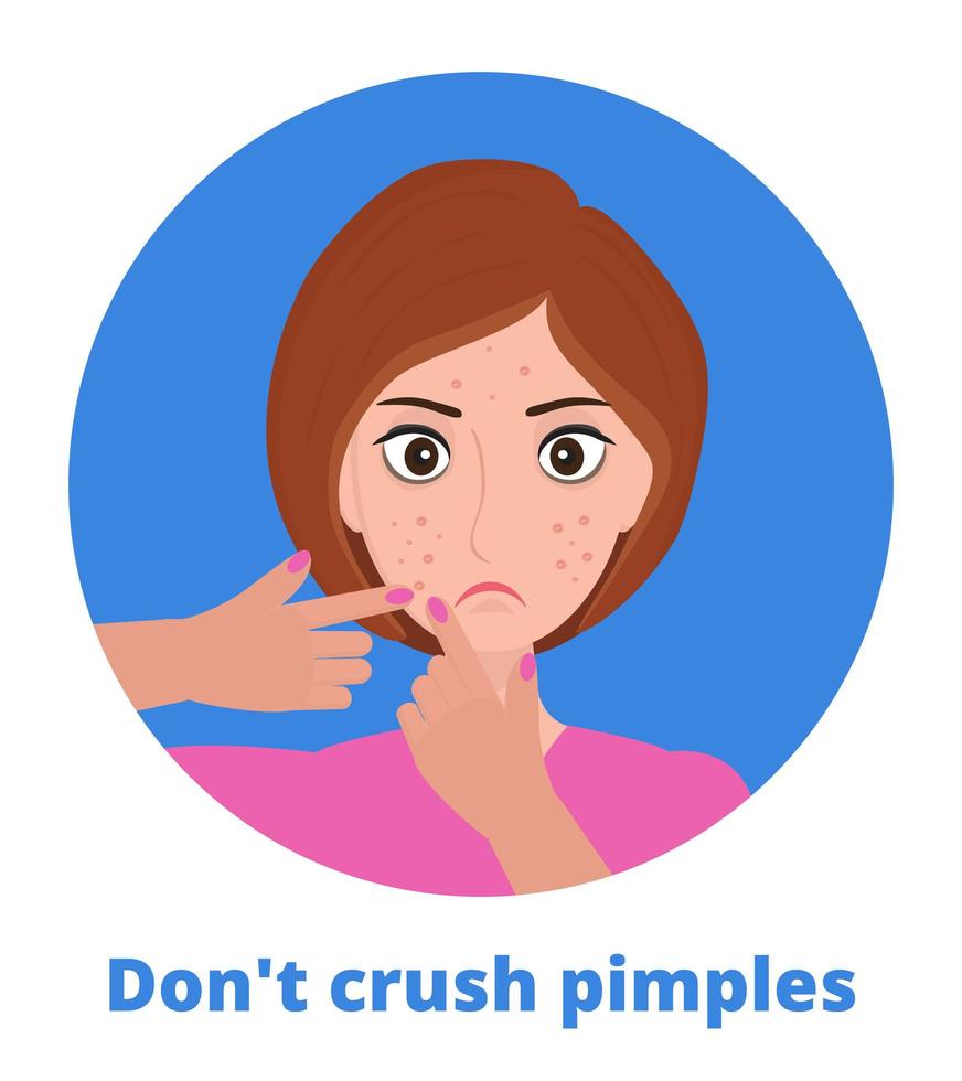 Pimple was popping on the woman s face. Do not crush acne text under illustration vector
