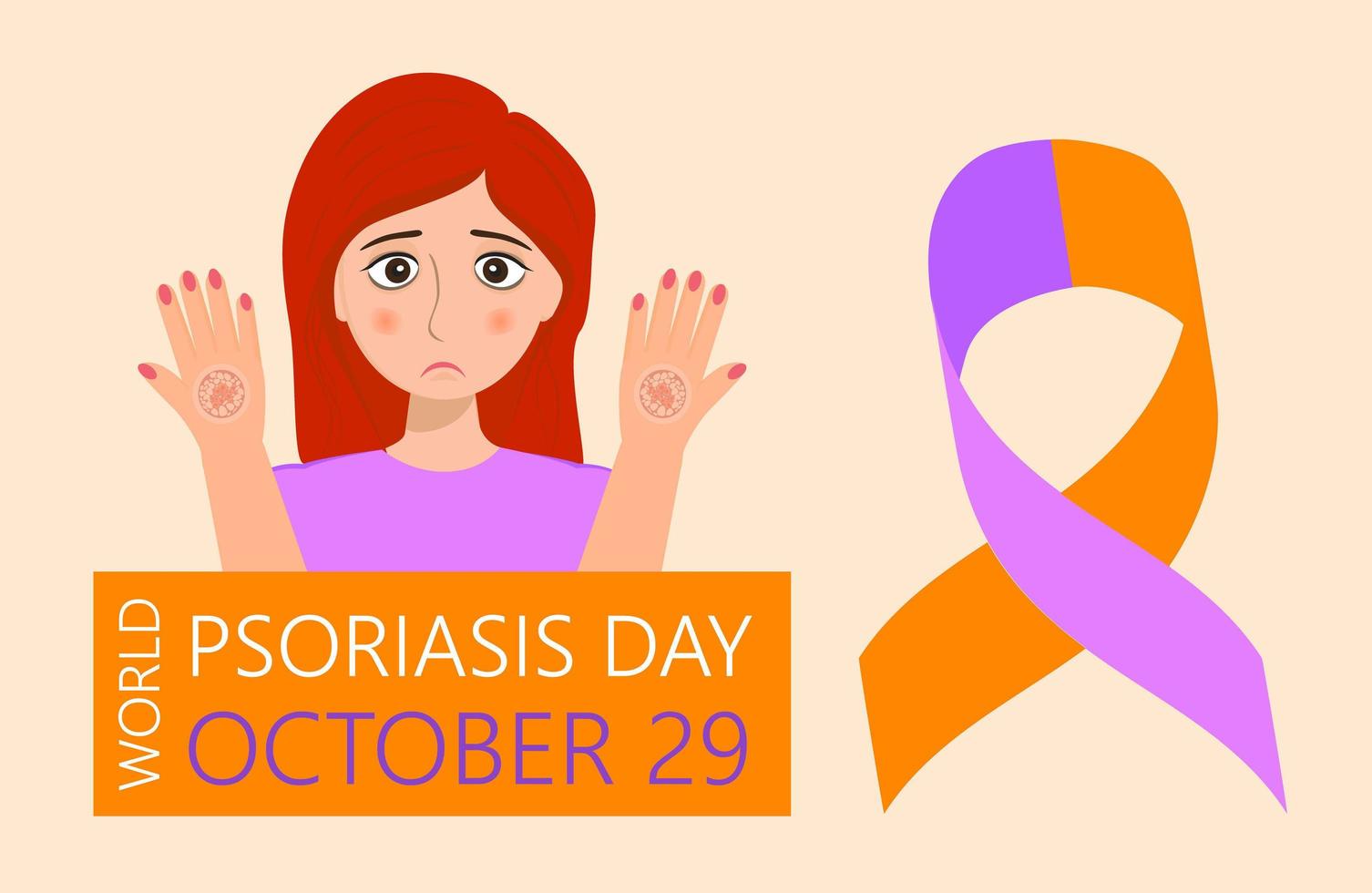 World Psoriasis Day in October 29th. Sad cute girl and orange purple ribbon are shown. vector