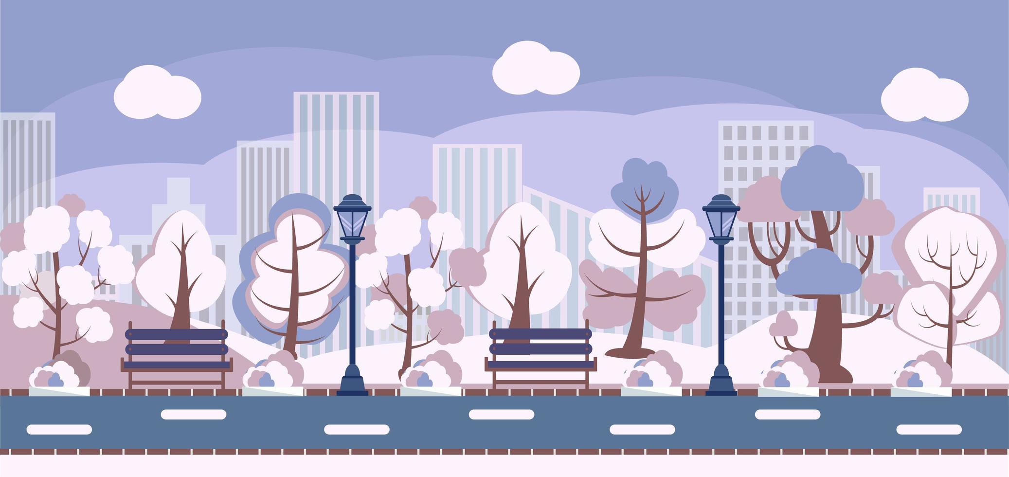 Ilustración de fondo de panorama de parque de invierno. ciudad nevada, jardín público, plaza, superficie vector