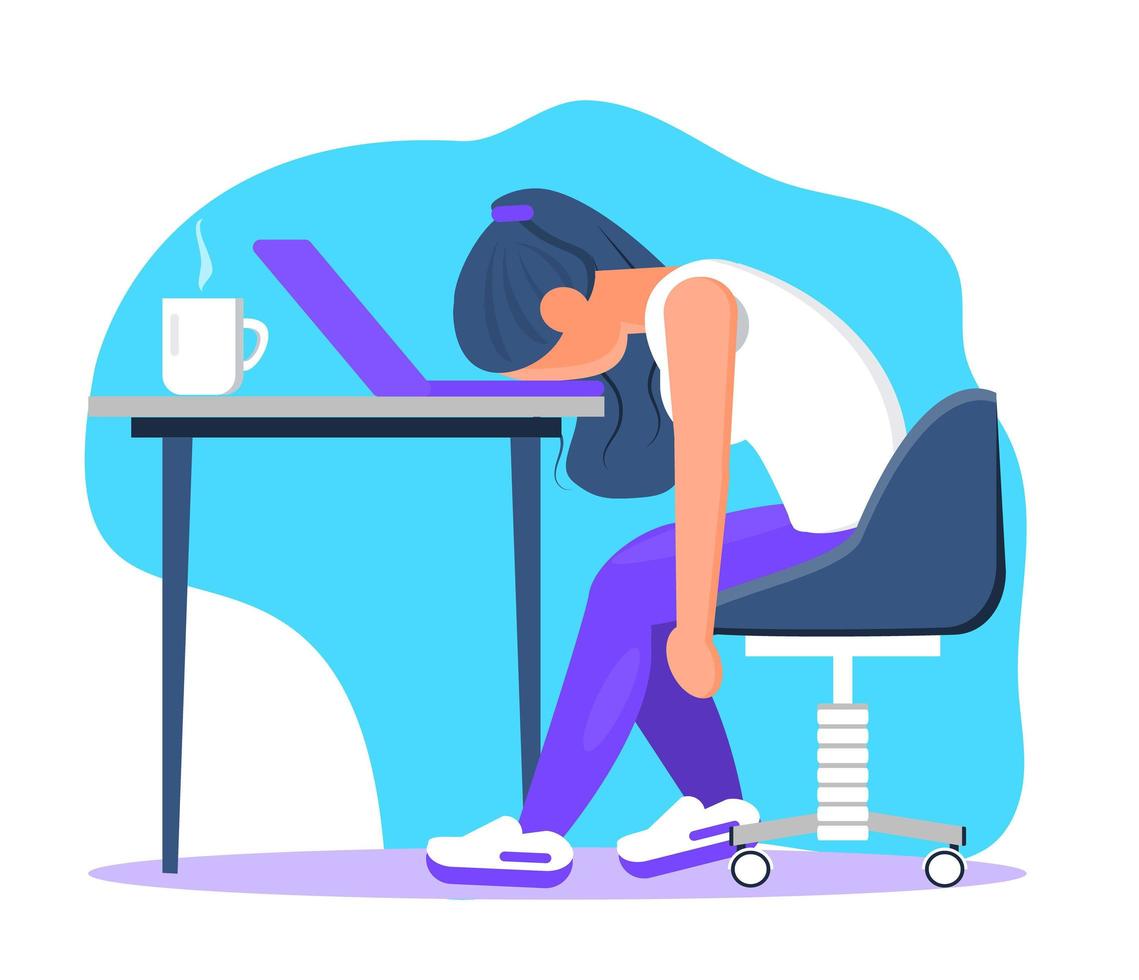 Burnout in professional life, emotional collapse concept vector. Tired frustrated freelancer is sitting at the table. Young woman in stress in the office. Brainstorming is out. vector