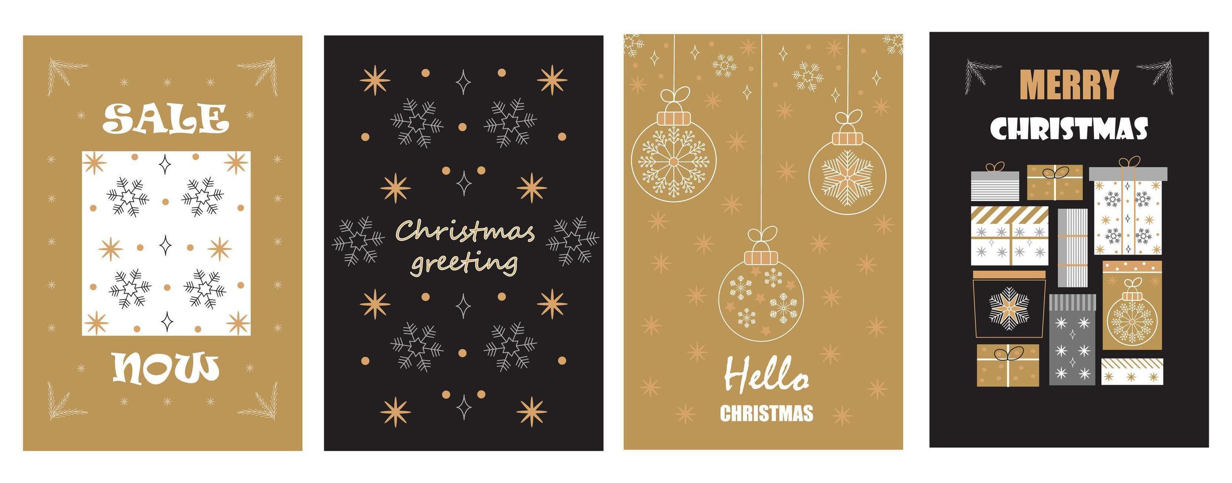 Bolas de Navidad en tarjetas de Navidad de felicitación en contorno, estilo escandinavo. los copos de nieve están cayendo. regalo promocional, carteles de venta de invierno. conjunto mínimo de ilustración de año nuevo. vector