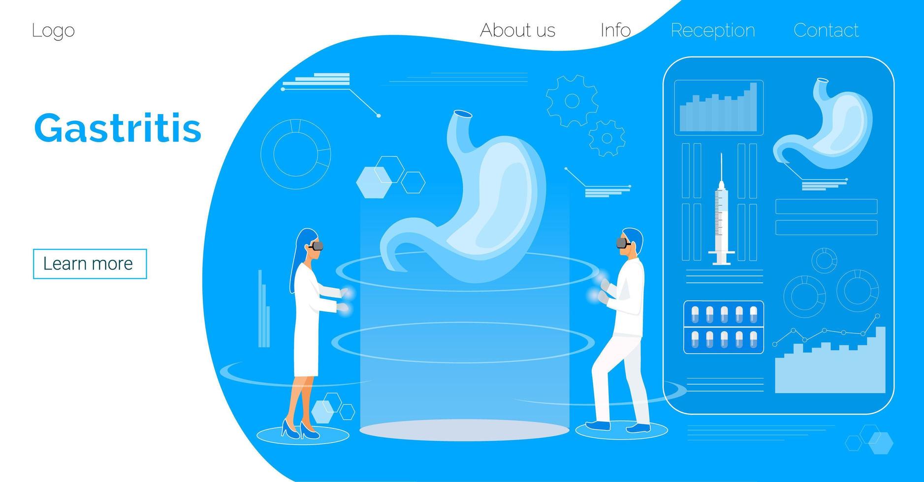 Gastroenterology landing page vector. Flat tiny doctor making stomach pupming in hologram space. Ulcer, pneumatosis, atony, gastriris, dysbacteriosis, pancreatitis, colitis, duodenitis concept. vector