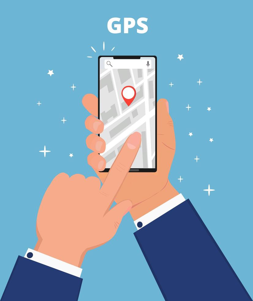 vector plano de navegación gps. mano sostiene teléfono inteligente con aplicación, buscando ubicación en la ciudad.