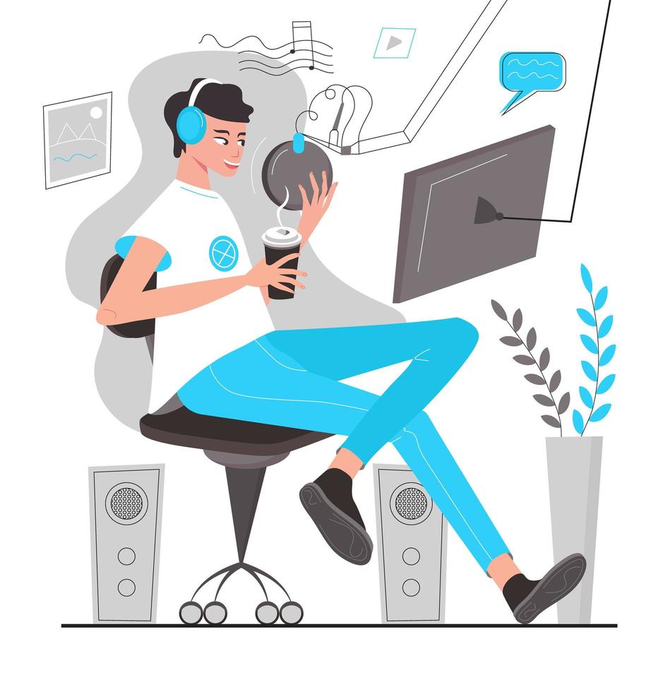Podcast concept vector. Podcaster speaking in microphone. Radio online studio illustration. vector