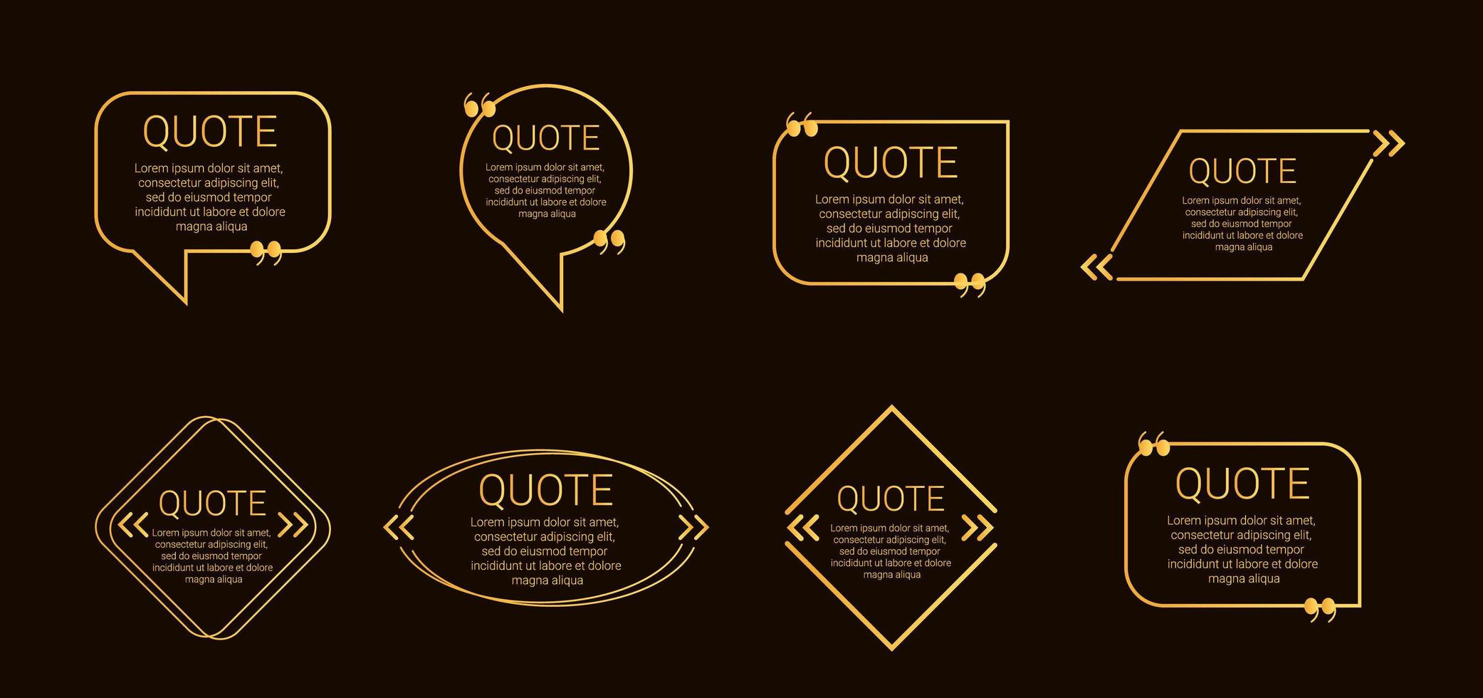 Set of quote box vector isolated on black background. Templates speech bubbles with space for text in a flat style. Golden colored quote blocks for comments, dialog, massege