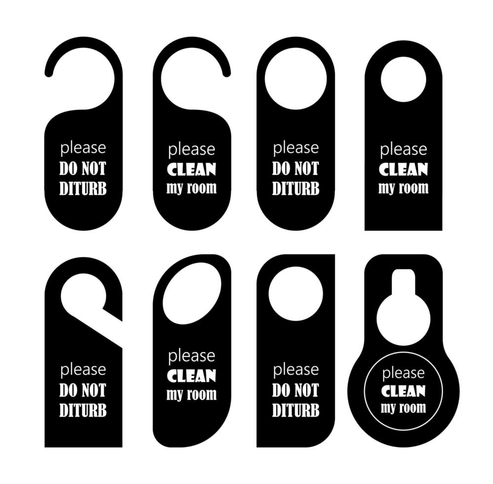 Hangers set vector icon. Paper, plastic, cardboard door lock cards isolated on white background. Don't disturb, calm, and clean door hanger tags for appartments and room in hostel hotel