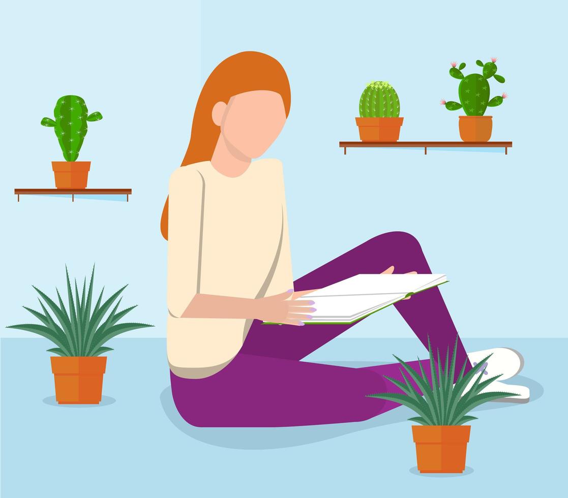 Girl is sitting on the floor, she is opening book in her hands and reading. vector