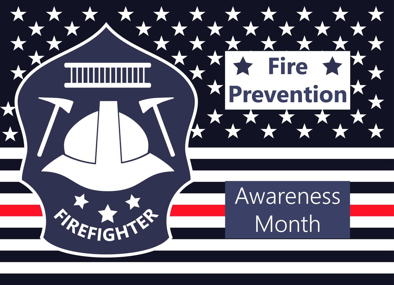 Fire Prevention Awareness Month is organised on October. Ladder, tools, shield with American flag are shown. vector