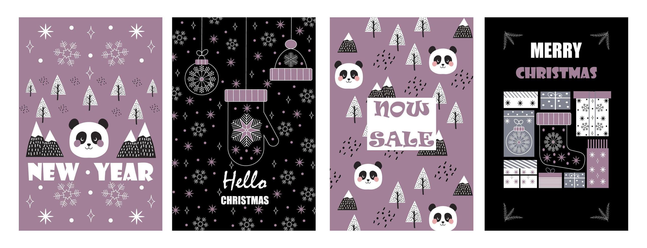 Christmas balls on greeting xmas cards in outline. Panda, mountain are in scandinavian style. Snowflakes are falling. Promo gift, winter sale posters sketches. Minimal vector doodles set of New year.