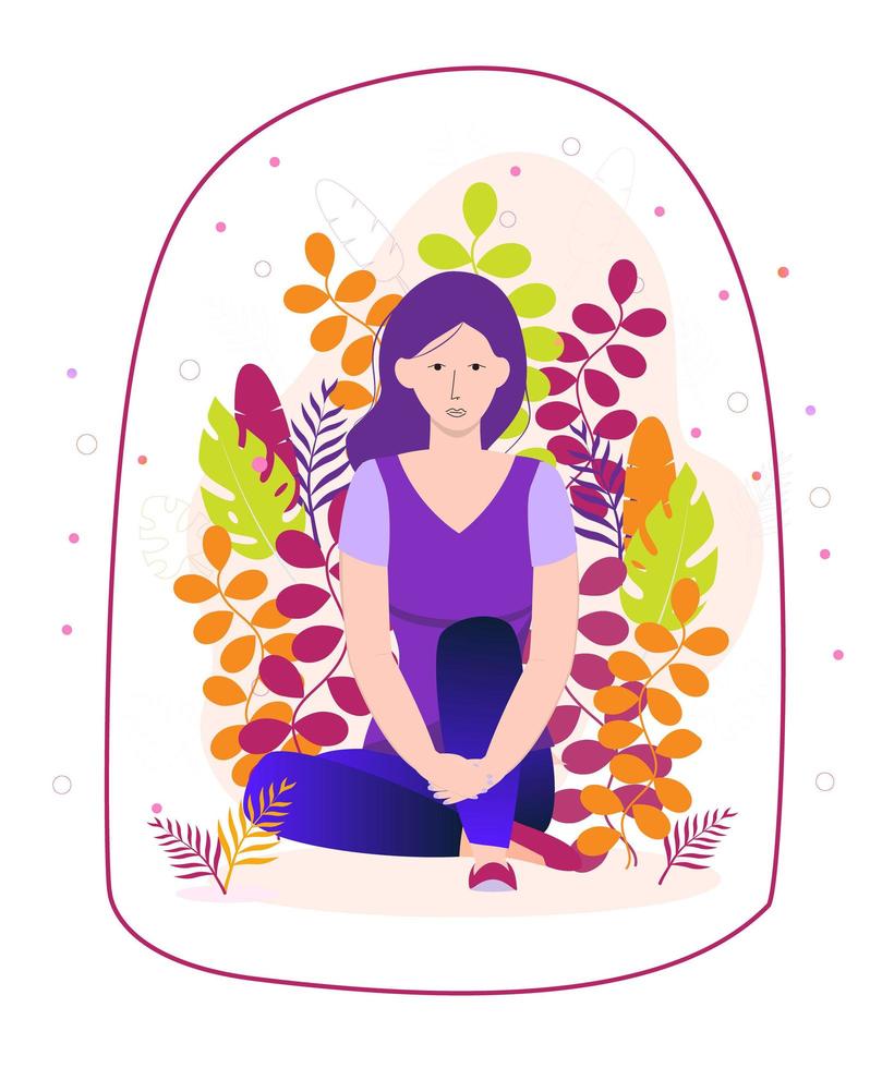 introvertido está sentado y sumergido en su mundo espiritual interior sobre un fondo floral. La cúpula transparente es una metáfora. personaje de niña introvertida en estilo de dibujos animados. vector