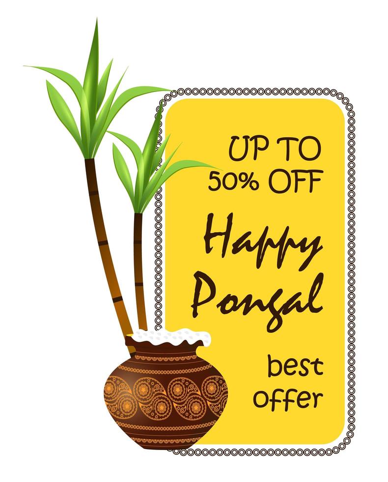 happy pongal festival es una cosecha hindú tradicionalmente dedicada al dios sol surya y celebrada en tamil nadu. Oferta pongal y pegatinas de descuento con maceta. conjunto de etiqueta de venta vector