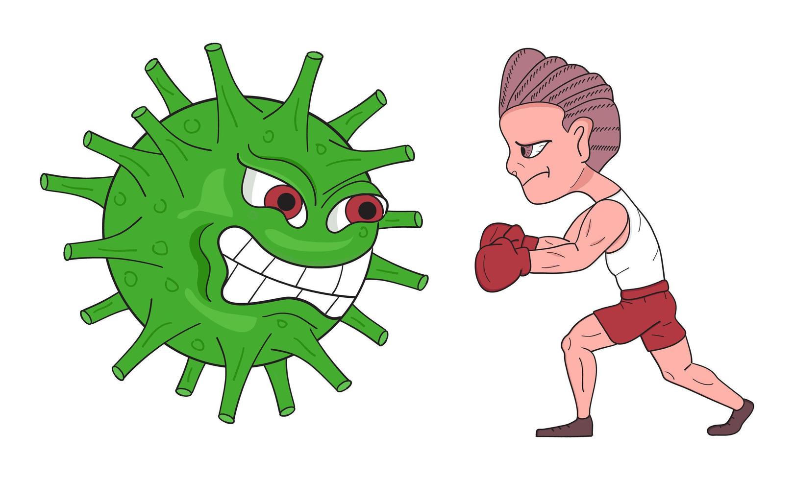 boxeador lucha contra el virus del peligro. vector de microbios de coronavirus en estilo de dibujos animados.