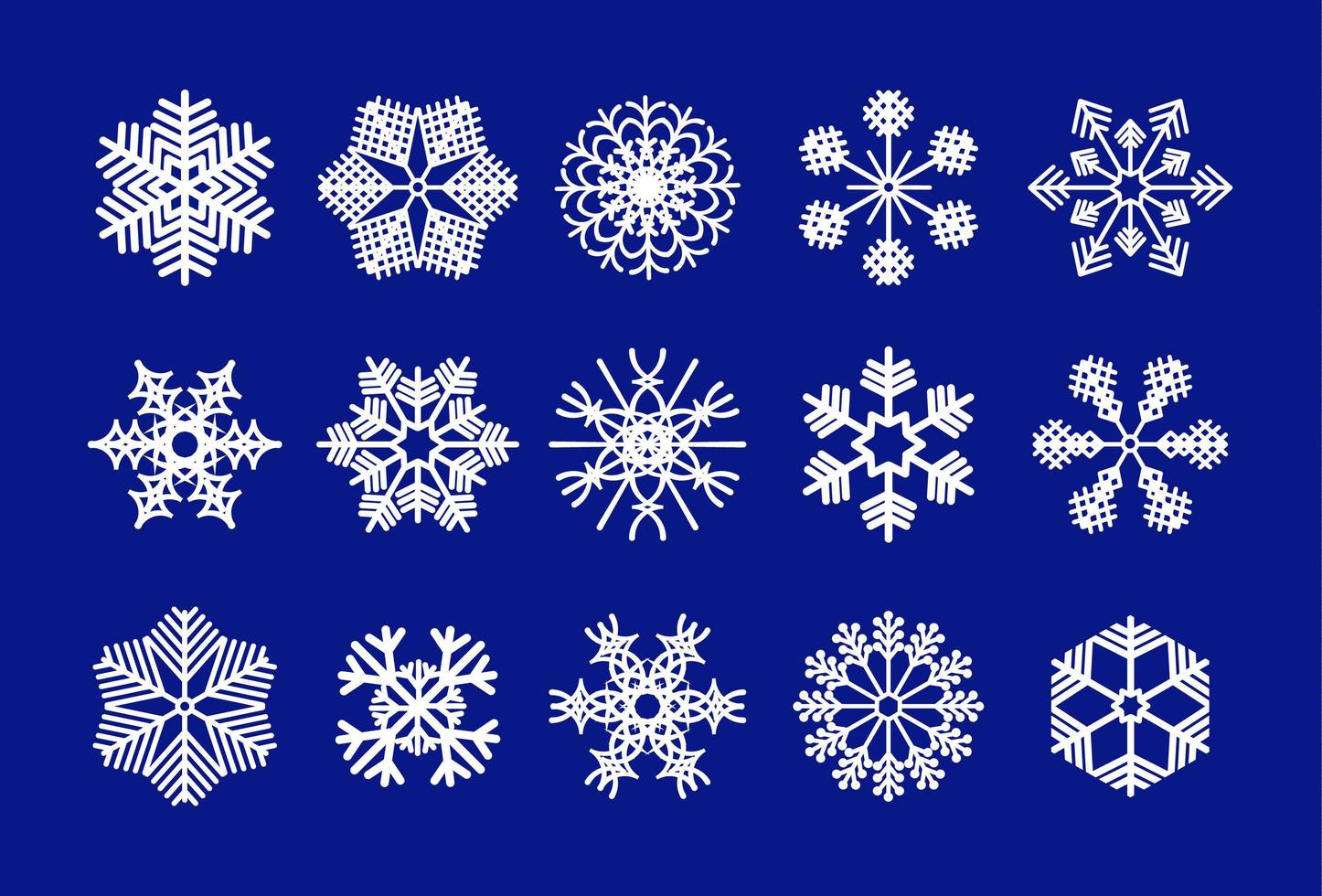 conjunto de copos de nieve blancos. Signo de cristales de invierno, iconos de forma de nieve y símbolos helados de Navidad, decoración de nevadas vector