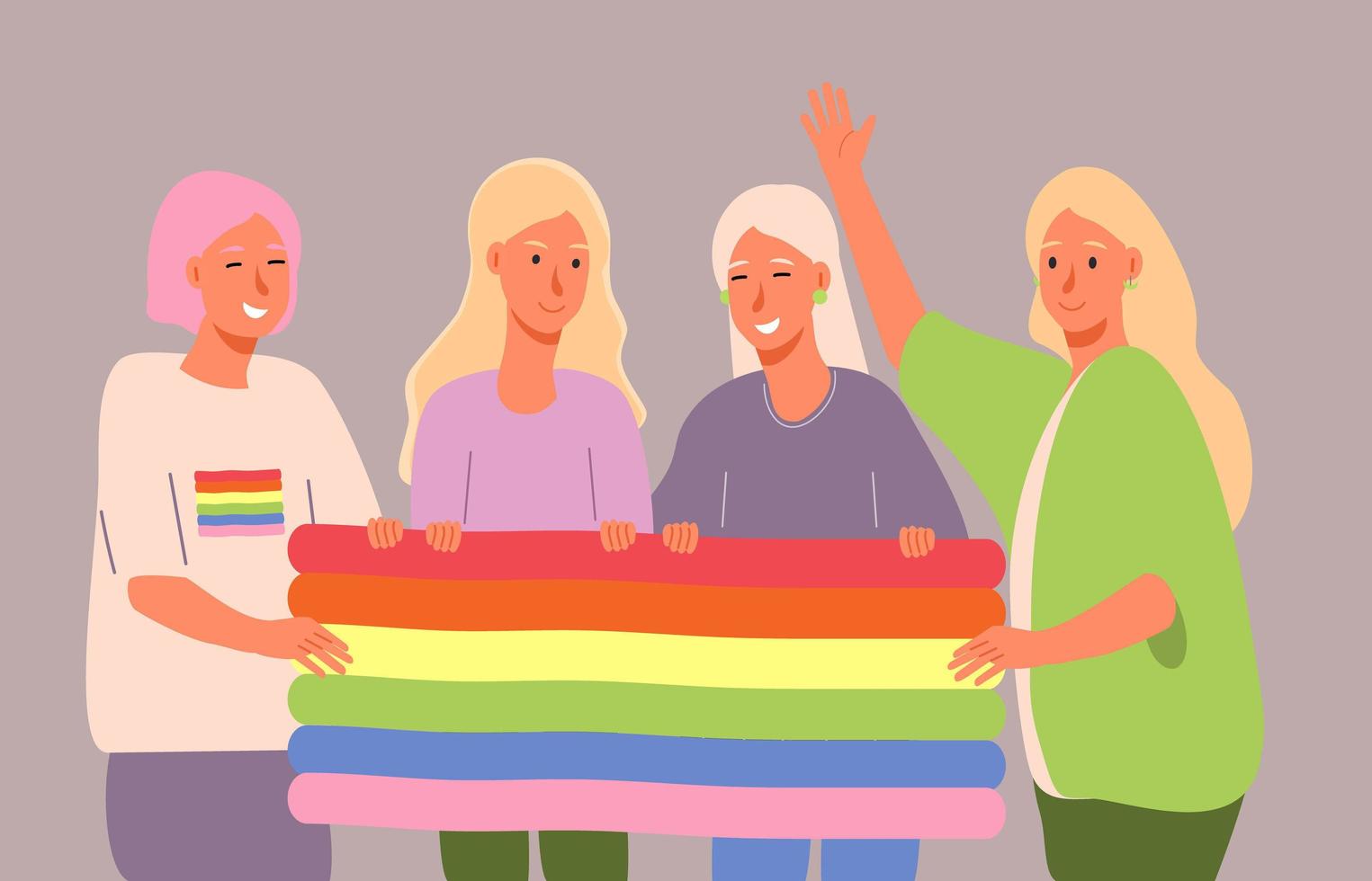 LGBT history month in October, week, day. Lesbians, bisexual girls are holding rainbow flag and laughing. vector
