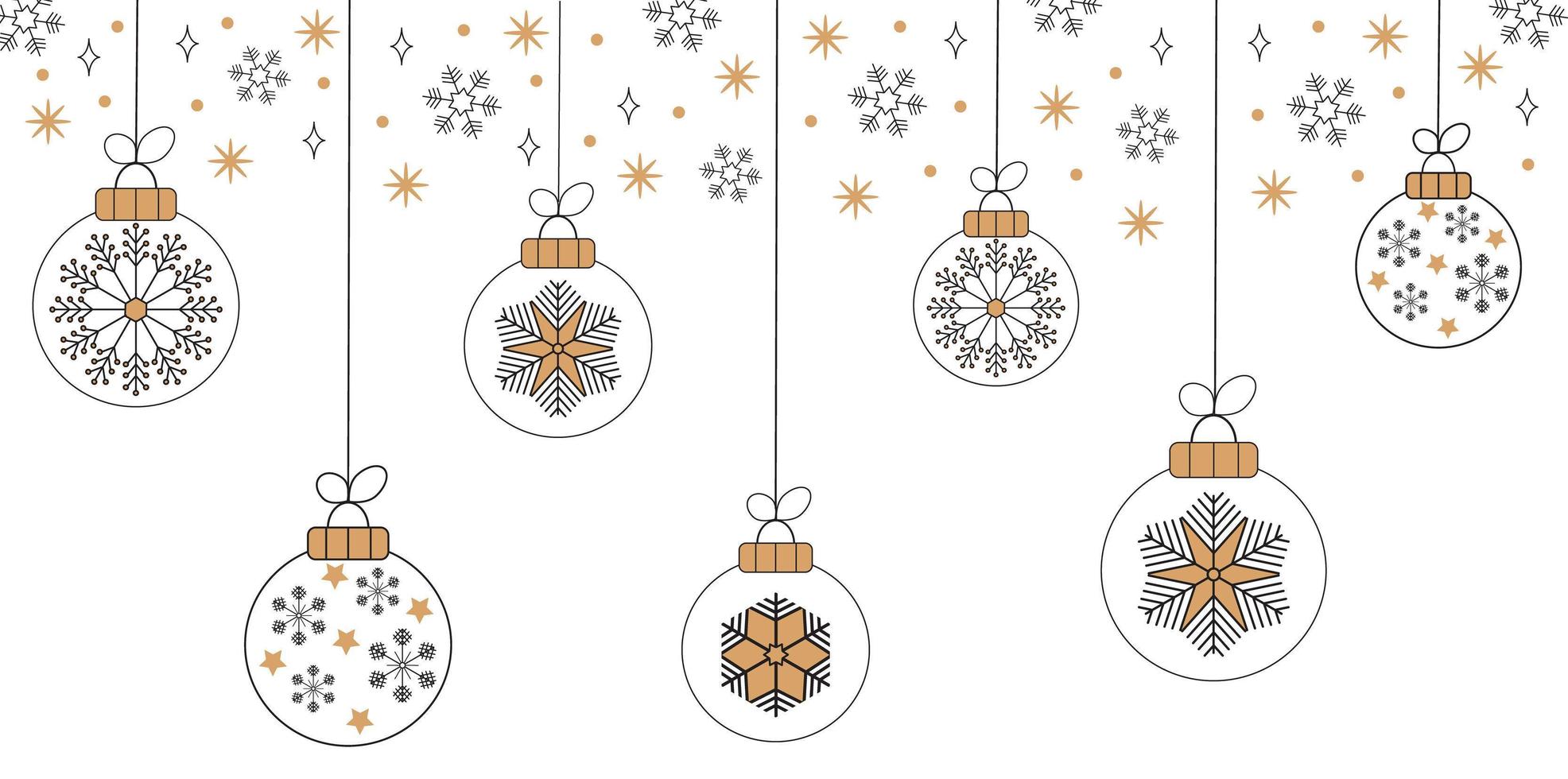 Christmas balls on greeting xmas cards in outline, scandinavian style. Snowflake are falling. Promo gift, winter sale posters. Minimal illustration set of New year. vector