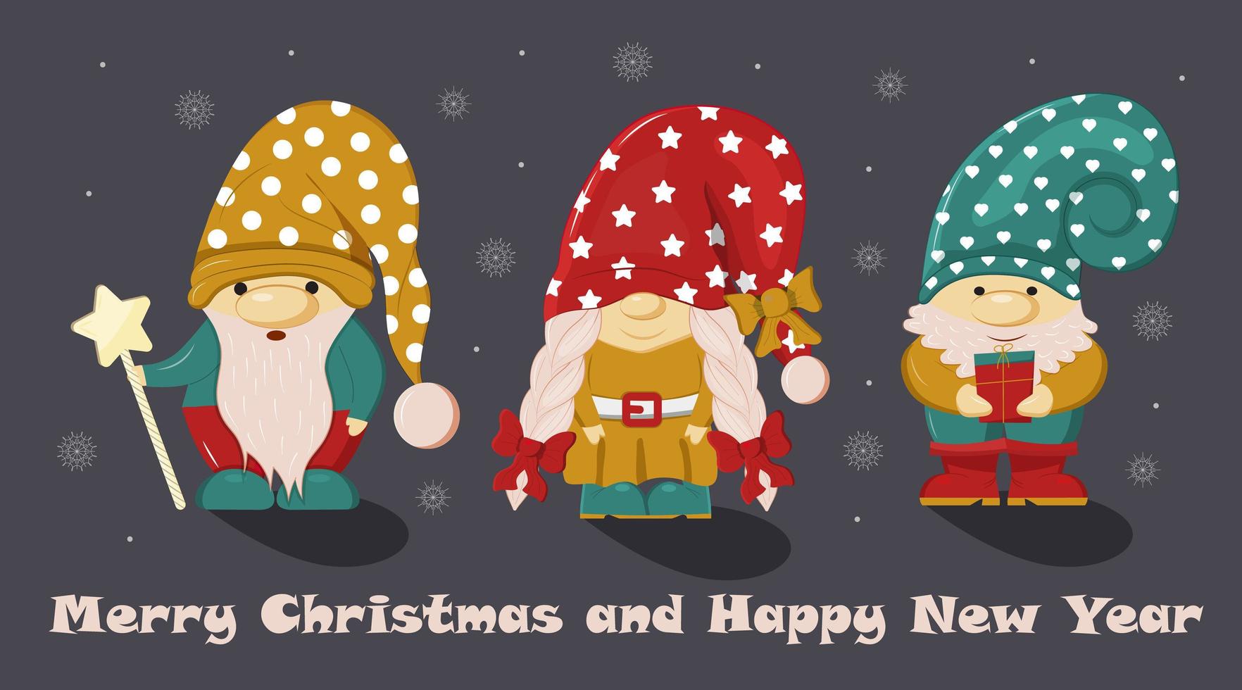Christmas, Santa's fairy helper illustration. New year, Merry Christmas greeting, xmas card. Garden gnome statue. Dwarf, trowel vector.  Gnome with beard. Three leprechaun character in red hat. vector