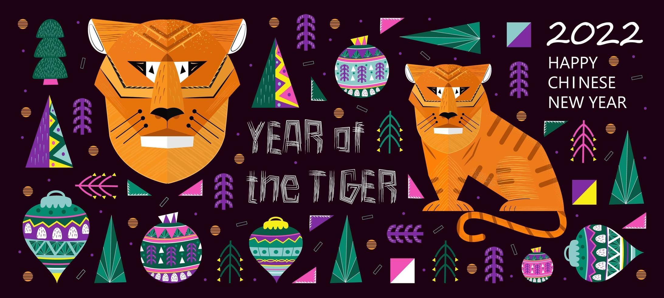 Happy Chinese Tiger New Year 2022 banner vector. Geometrical trees, fir, christmas tree toy. vector