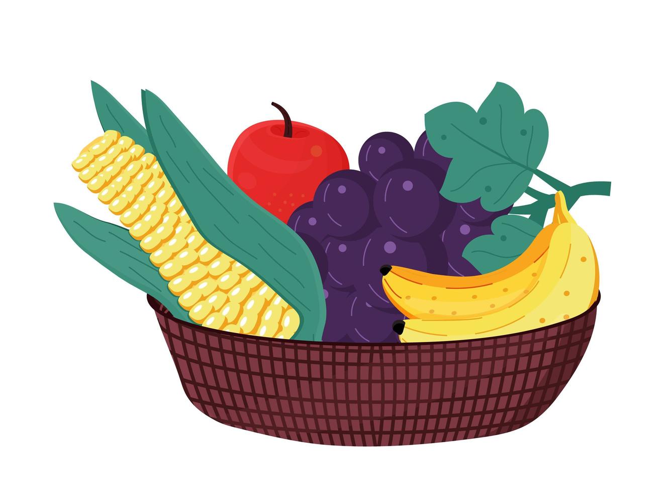 Fruits in wooden bowl. Corn, banana, apple, grape are inside of basket. Healthy eating, harvest concept vector