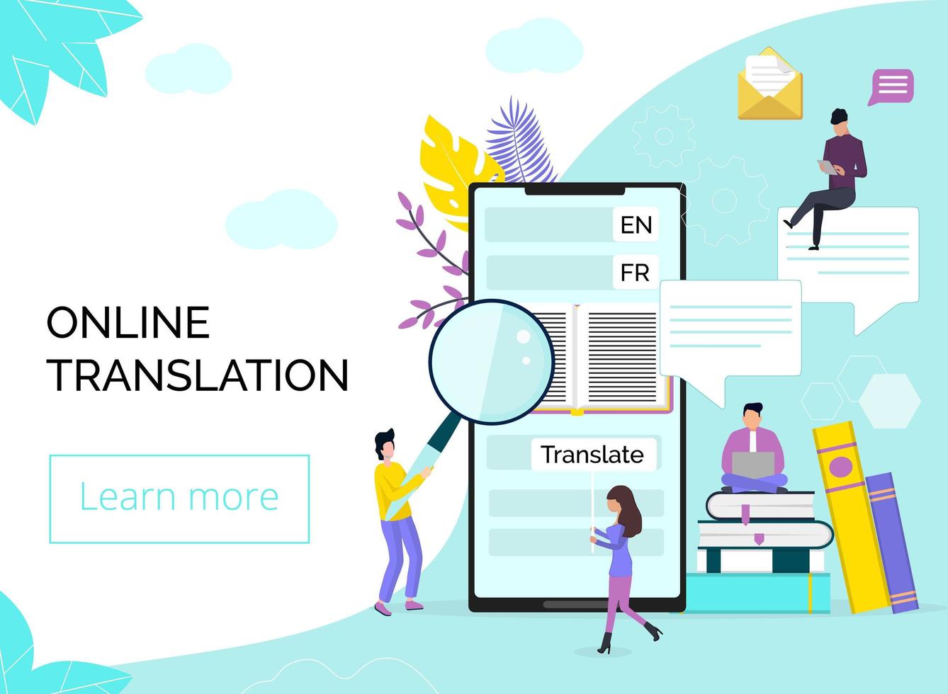 Online translator in mobile phone or tablet. Translate foreign language fast and easy. Global wireless technology concept flat vector.it can be use for landing page, websites, template. vector