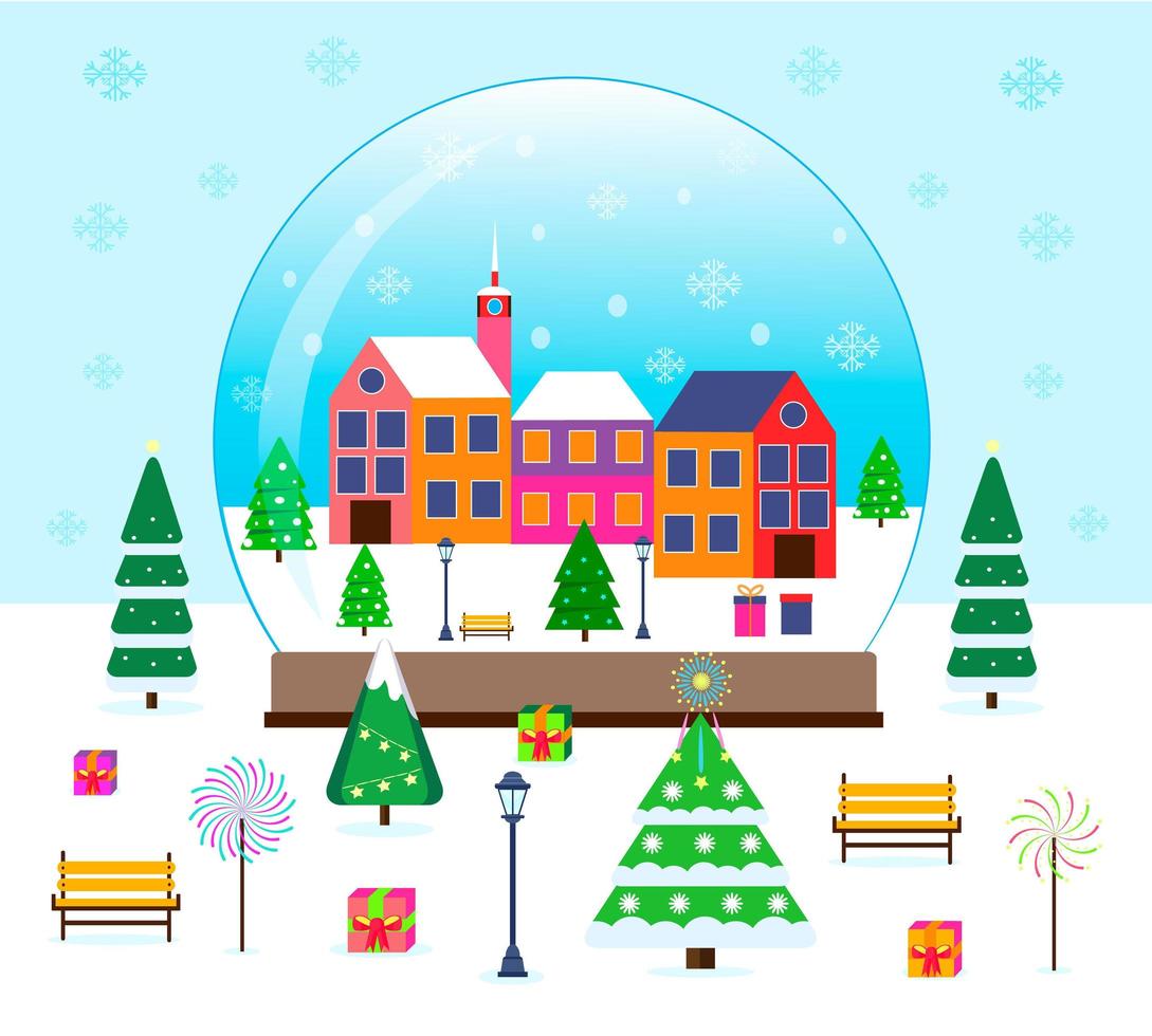 Merry Christmas, winter scene in a snow globe with tiny firs, gifts, houses. Wonderland snowing city park vector