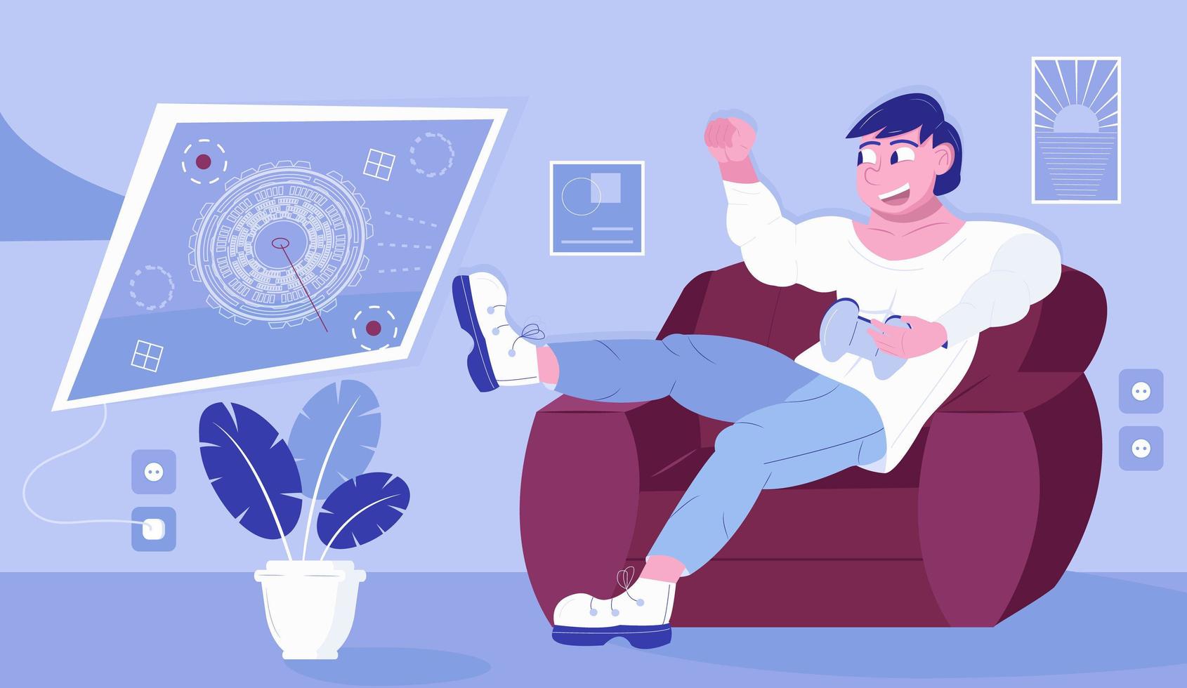 Video gamer concept vector. Video game streamer in virtual glasses. Cyber sport, pro gamer is sitting on sofa vector