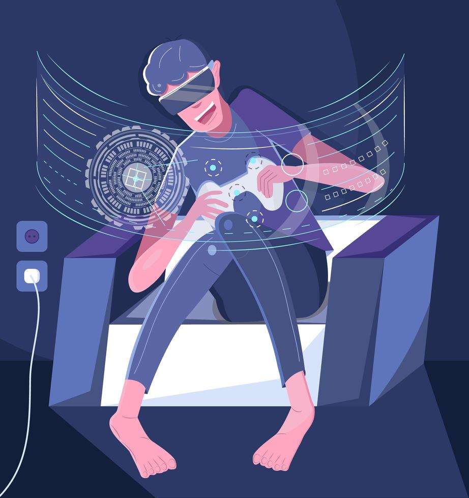 Video gamer concept vector. Video game streamer in virtual glasses. Cyber sport, pro gamer is sitting on sofa in night. vector