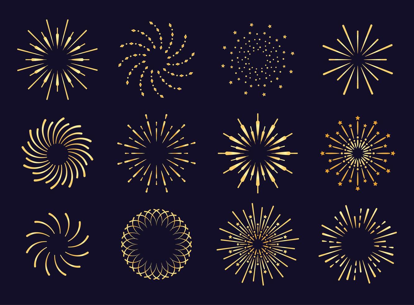Starburst, firework shadow golden icon vector. Radiating from the center of straight and spiral beams, lines. Set of simple elements for logo, signs. Firework, pyrotechnics vector