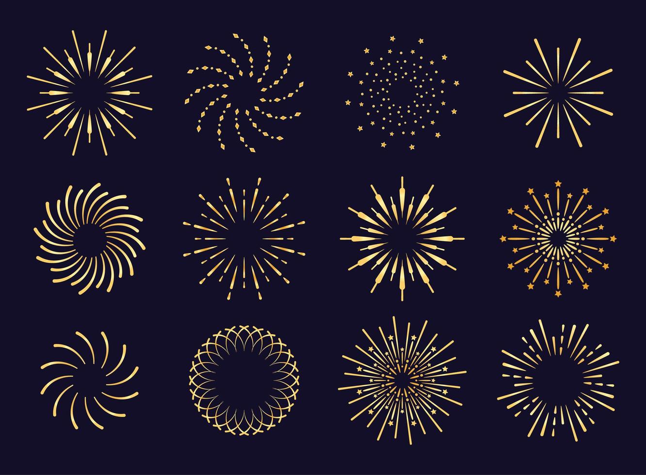 Starburst, vector de icono dorado de sombra de fuegos artificiales. que irradian desde el centro de vigas rectas y espirales, líneas. conjunto de elementos simples para logo, letreros. fuegos artificiales, pirotecnia