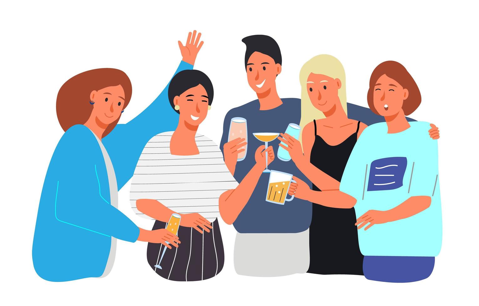 Group of happy young people, carefree boys and girls clink and drink alcohol at a party. A joyful meeting of dear friends who celebrate together. Flat cartoon style. vector
