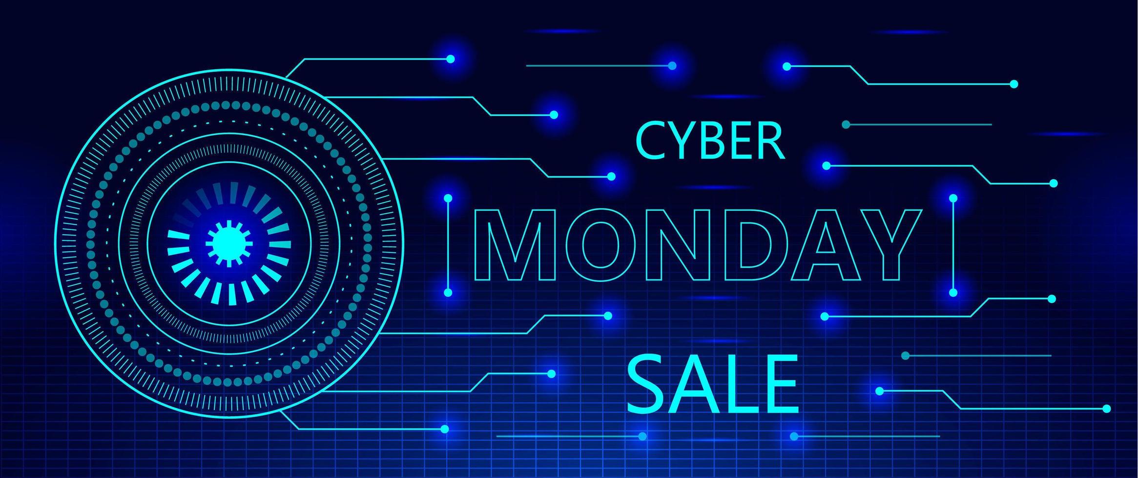 concepto de venta de cyber monday en el ciberespacio con cuadrícula y hud. diminutas partículas fluyen de los destellos, dejando rastros. vector