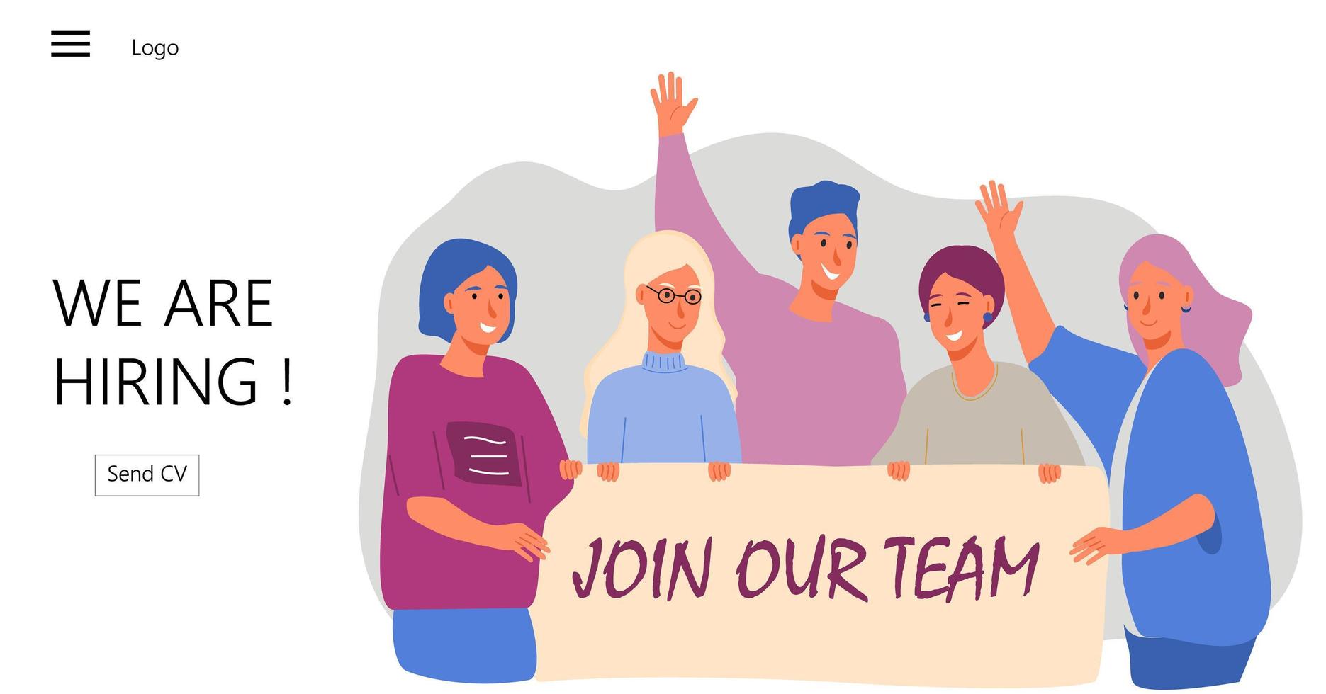 Group of people shouting and taking banner with join our team word vector. We are hiring illustration concept, it can be used for landing page, template, ui vector