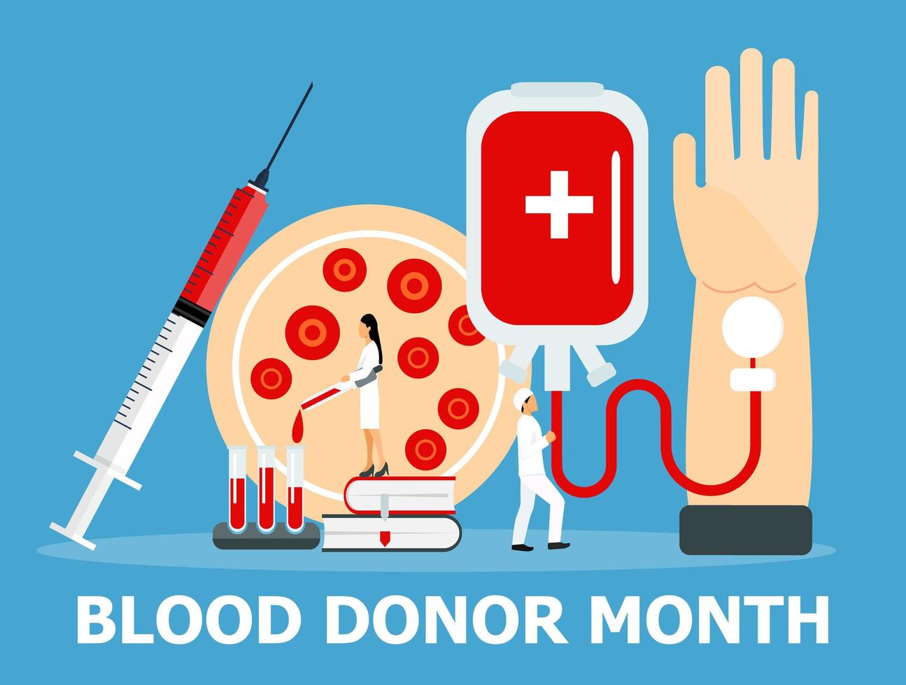 Blood donor awareness month is celebrated in January in USA. Donorship concept vector in flat style. Medical banner with blood plasma, container. Platelets, red cells as test