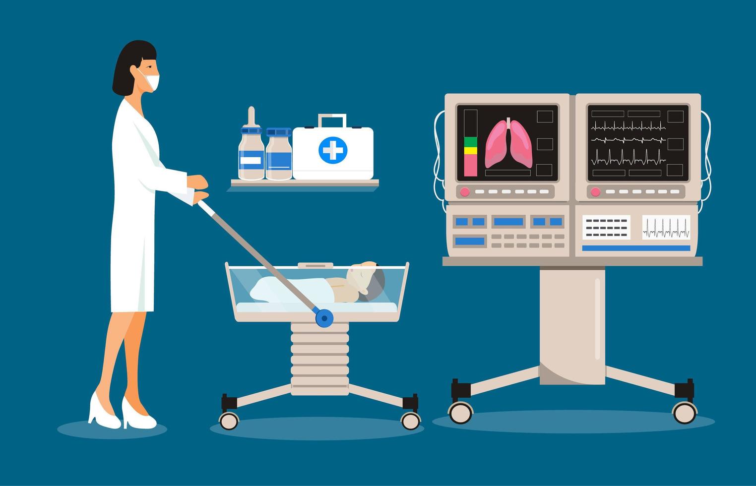 Infant incubator and neonatal intensive care with air temperature humidity oxygen sensor for sick babies. Neurology concept vector. Reanimation equipment for nursing premature vector