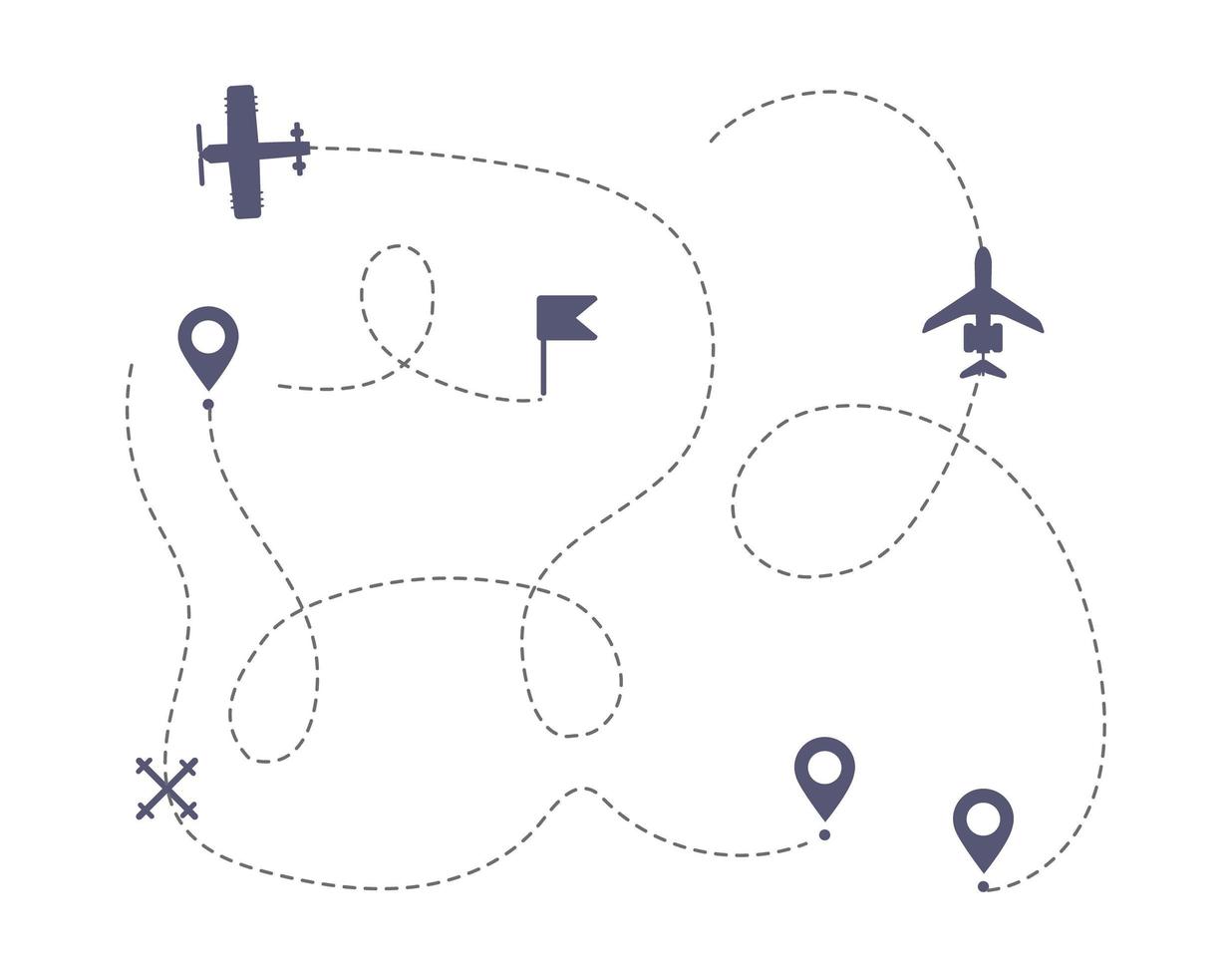 Airplane line path vector icons of air plane flight route with start