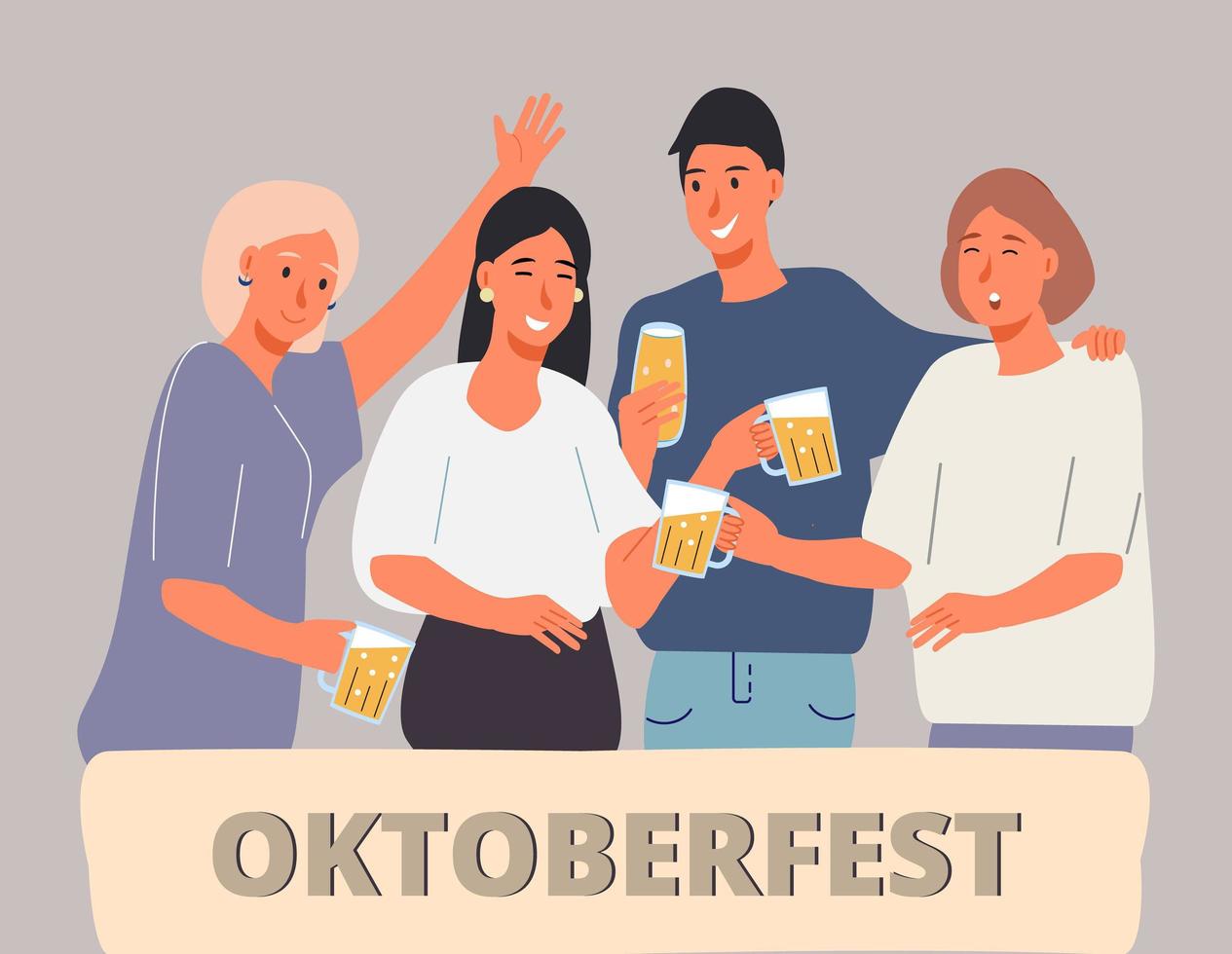People drink beer in Oktoberfest party celebration. Friends have fun, they are happy to meet together vector