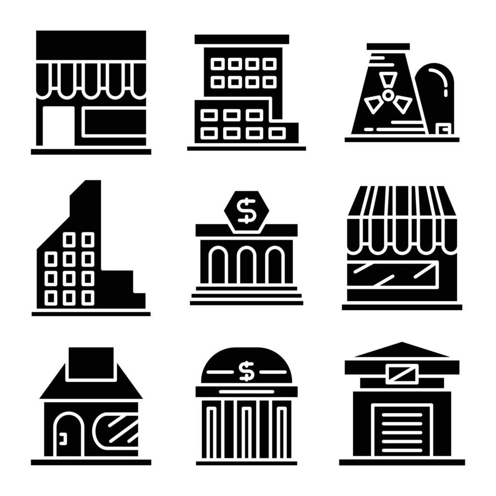 Conjunto de iconos de tienda, banco y planta de energía vector