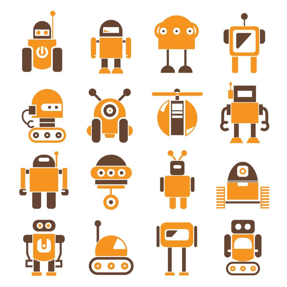 lindo, robot, caracteres, iconos, vector, conjunto vector
