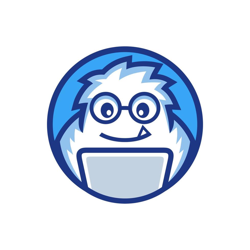 El programador yeti de la mascota del nerd trabaja en el diseño del logotipo de la computadora portátil vector