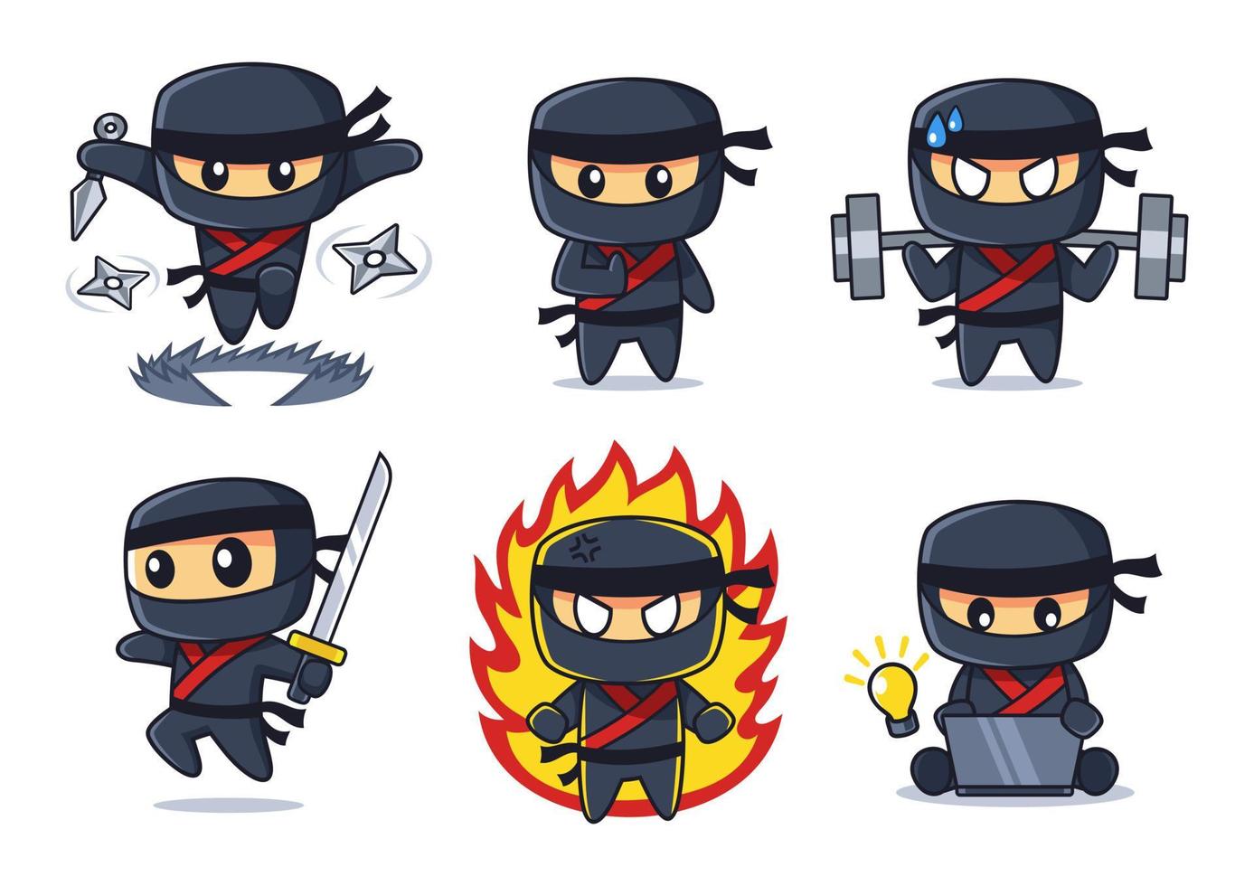 black Ninja cartoon collection in various poses set vector