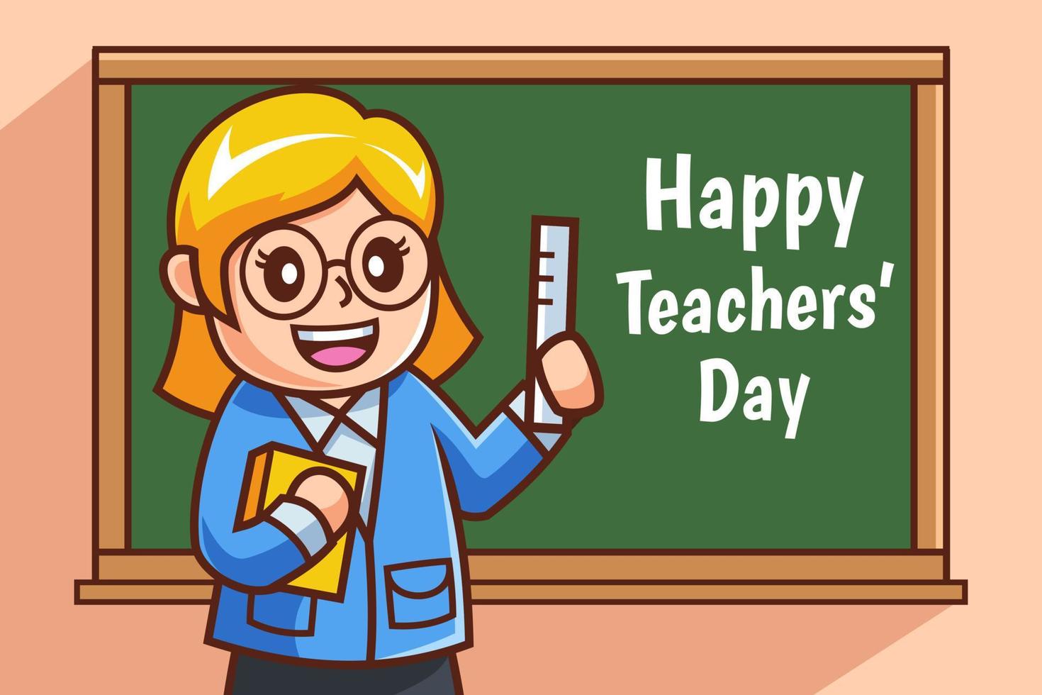 cartoon Teacher teaches in front of chalk board illustration vector