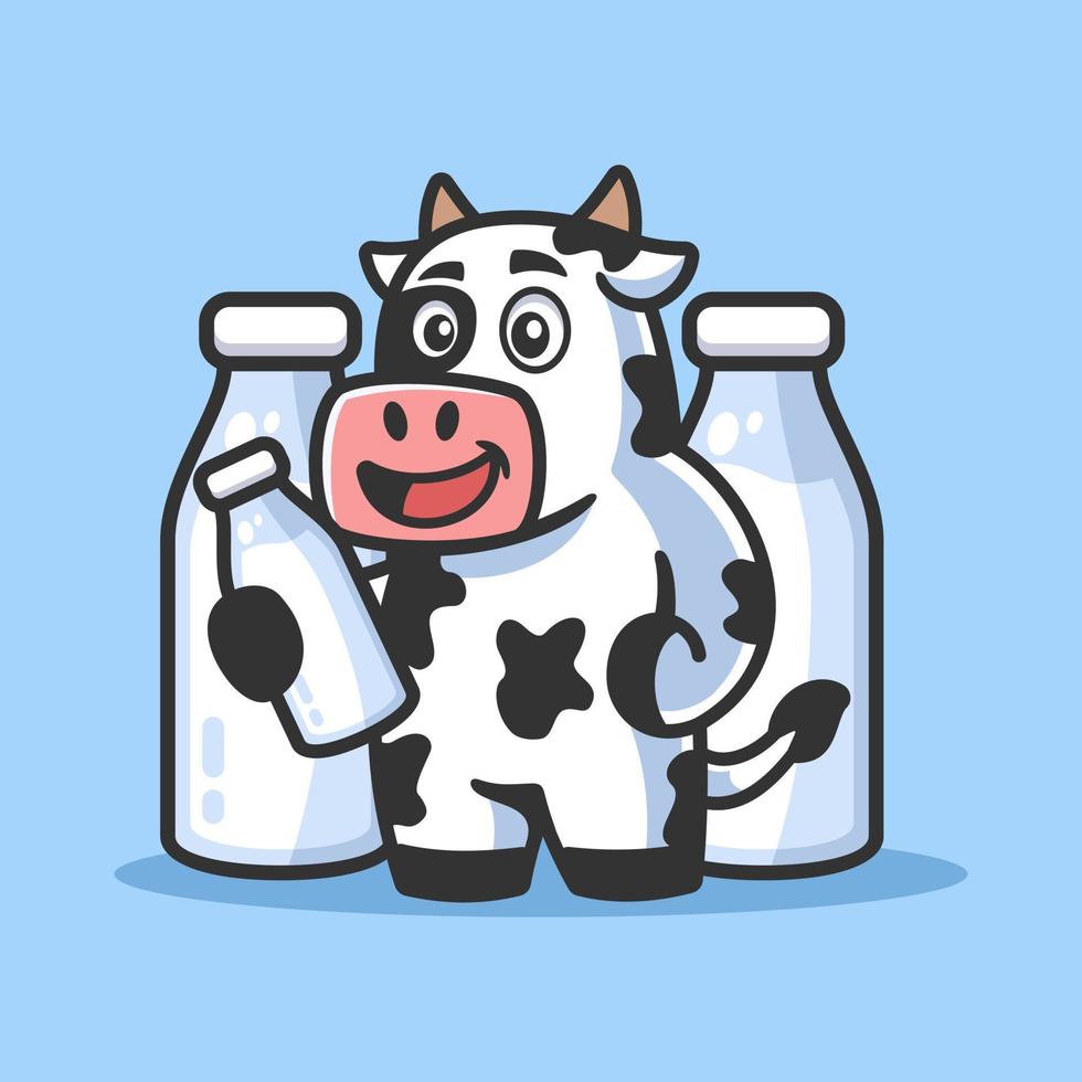 vaca de dibujos animados con ilustración de botella de leche vector