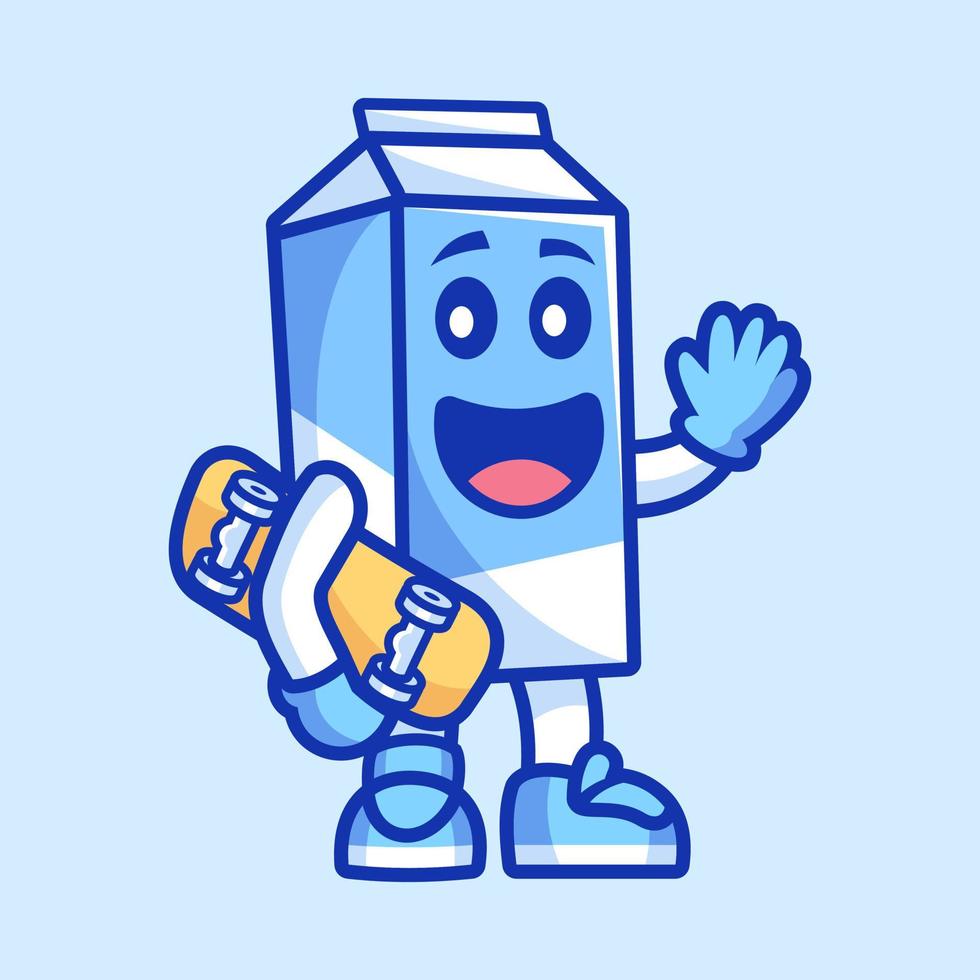 personaje de dibujos animados de leche sosteniendo una patineta vector