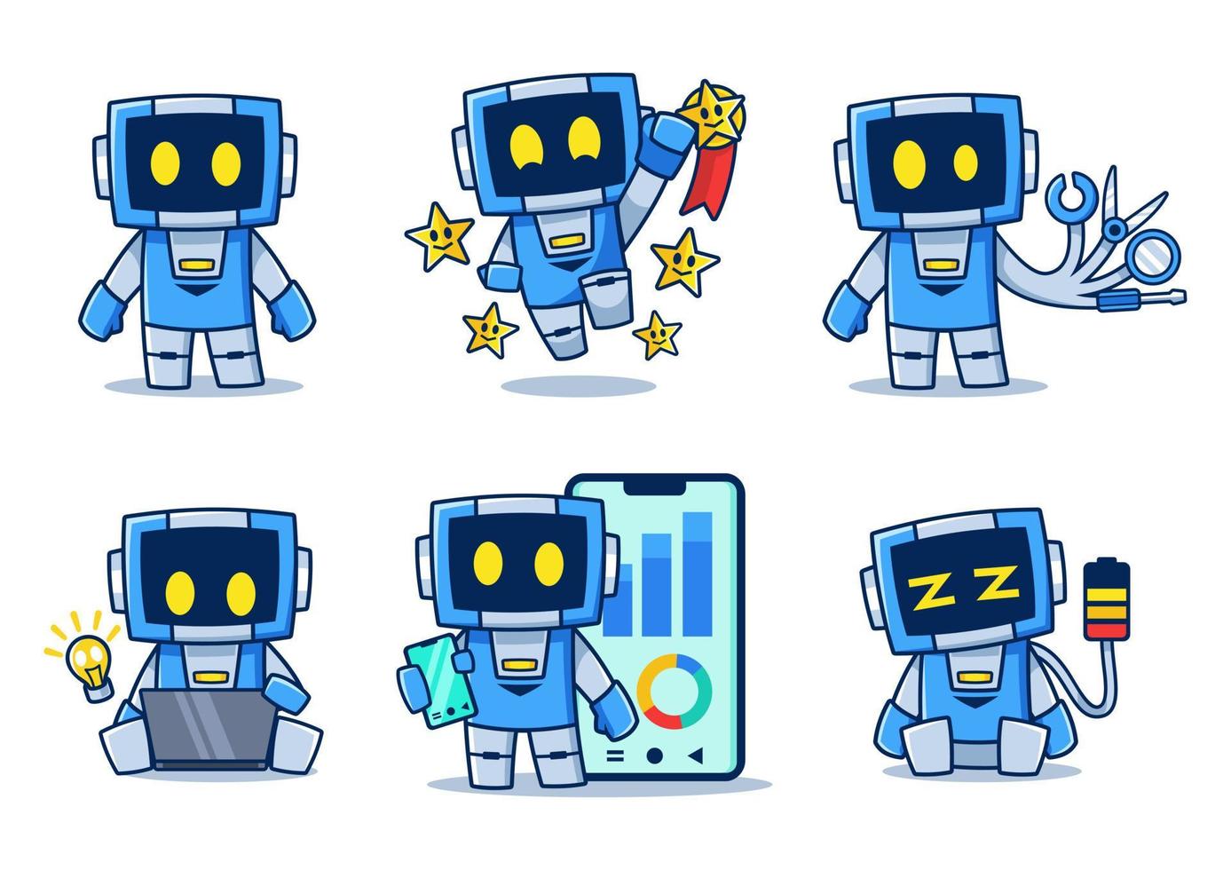 Blue Robot cartoon character in different poses vector