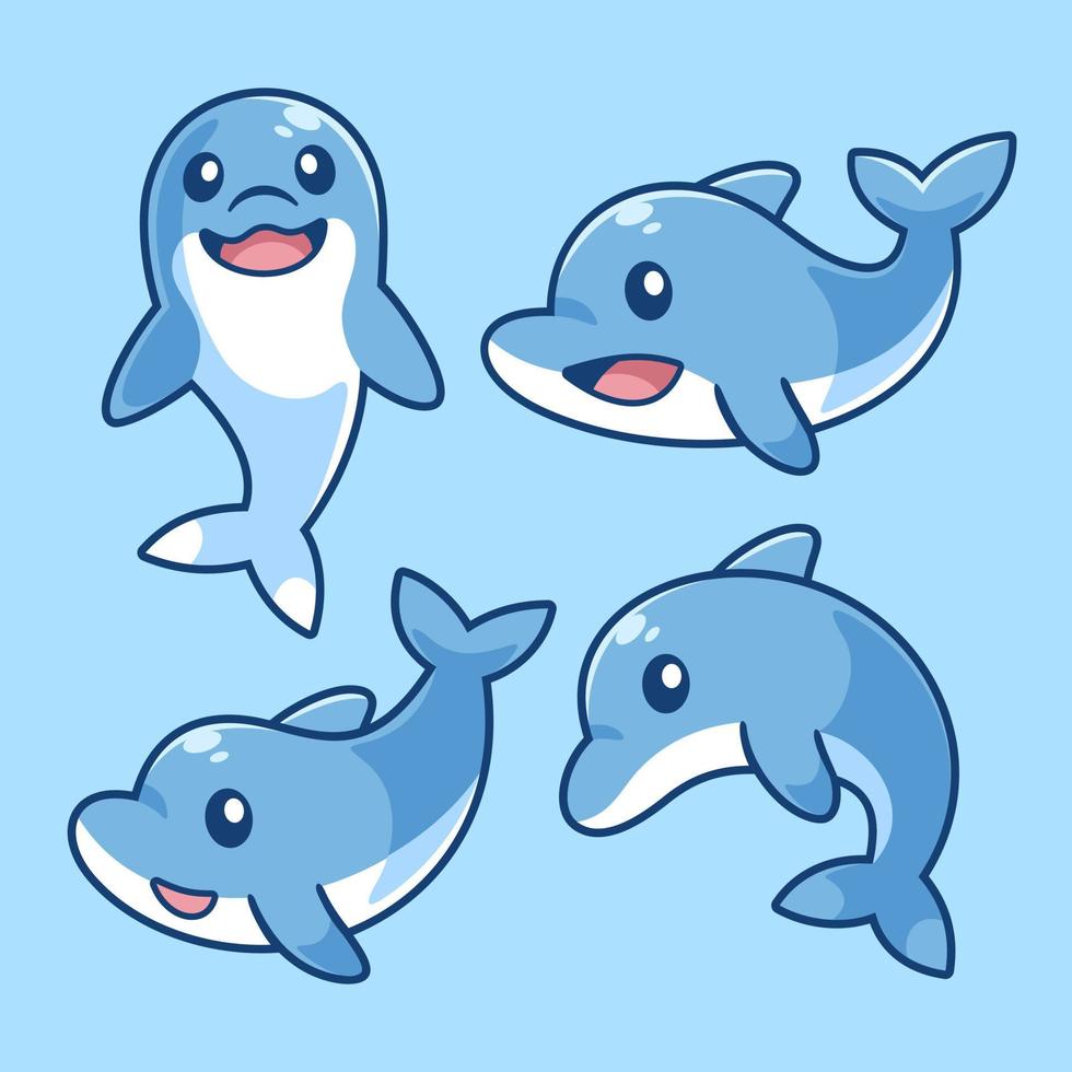 conjunto de personaje de dibujos animados de delfines vector