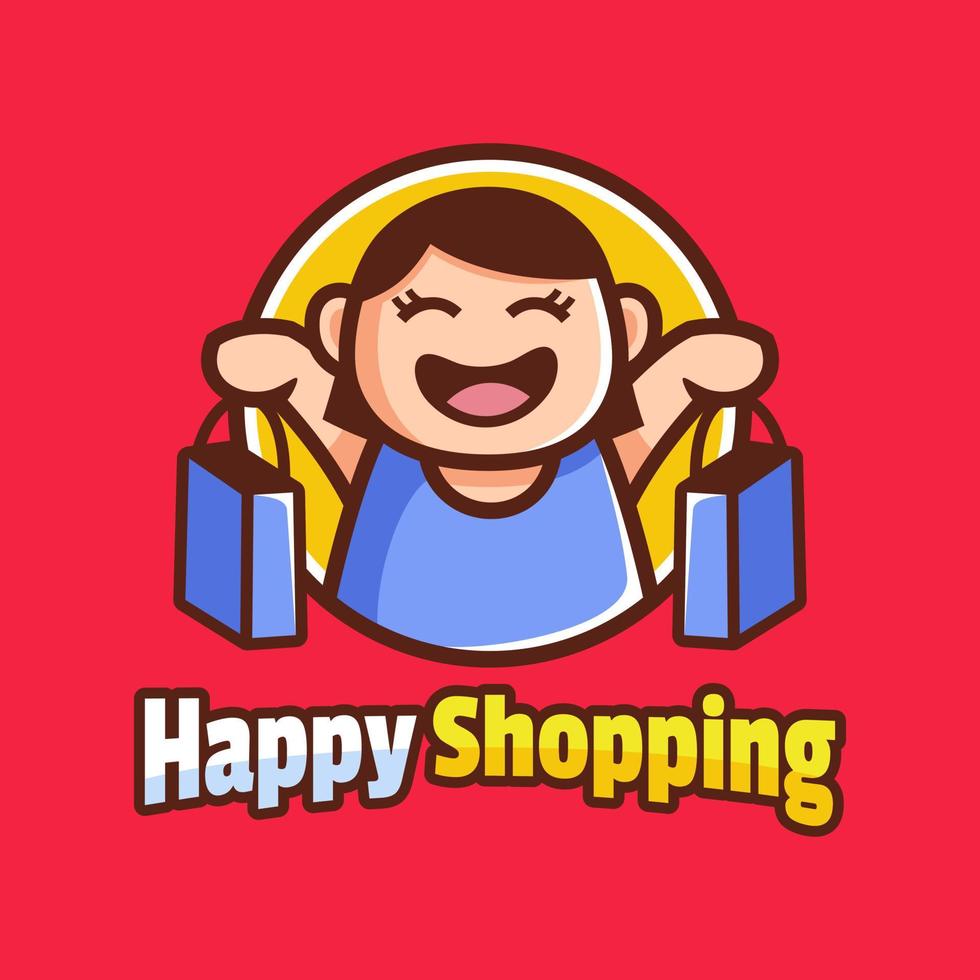 niña feliz con personaje de dibujos animados de bolsa de compras vector