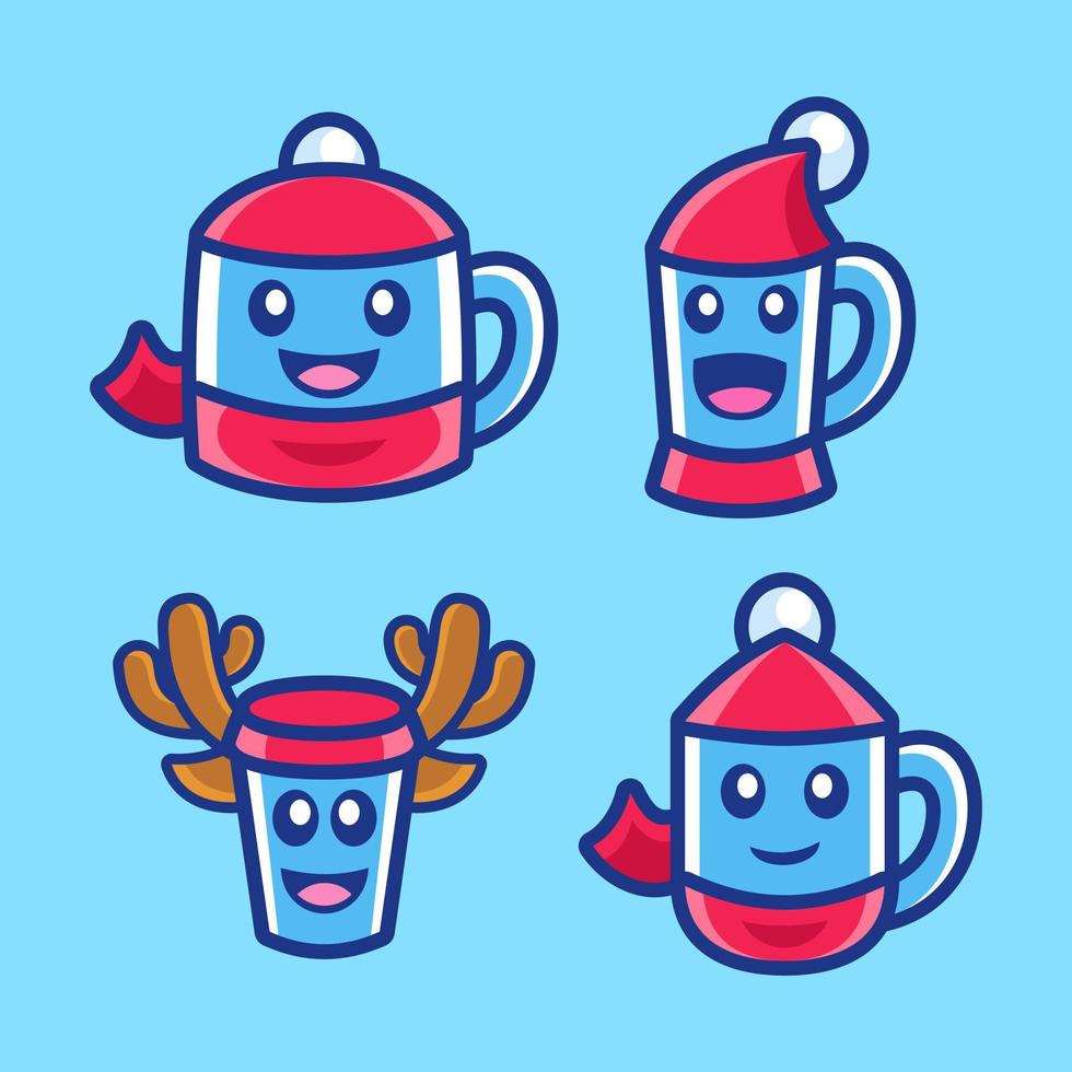 set of cartoon glass drink with winter scarf vector